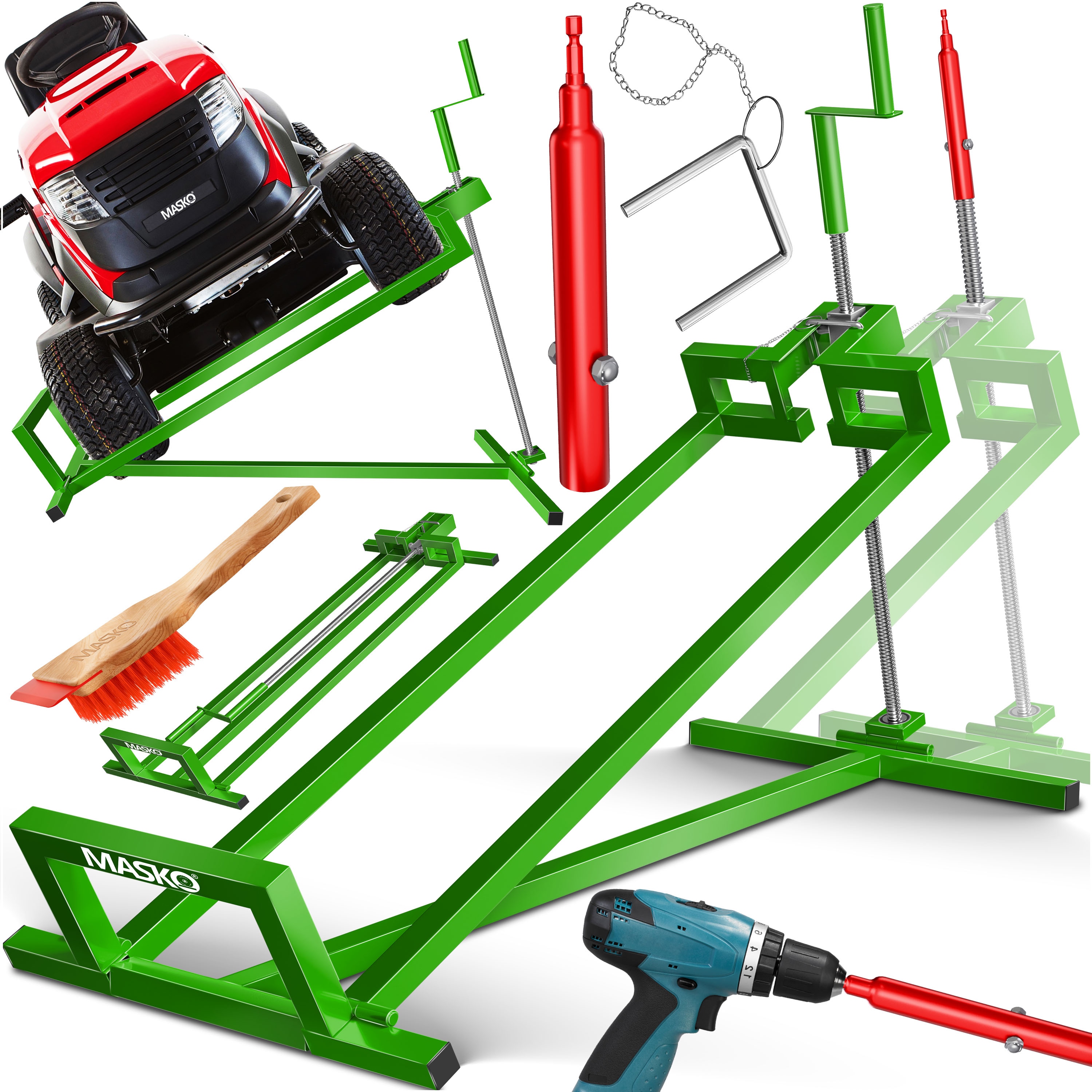 MASKO&reg; XXL Rasentraktorheber 450 kg Hebevorrichtung Hebeb&uuml;hne Aufsitzm&auml;her &ndash; Rasentraktor Heber, 45&deg; verstellbar, universal Reinigungshilfe mit Zubeh&ouml;r & Adapter (je nach Wahl) 