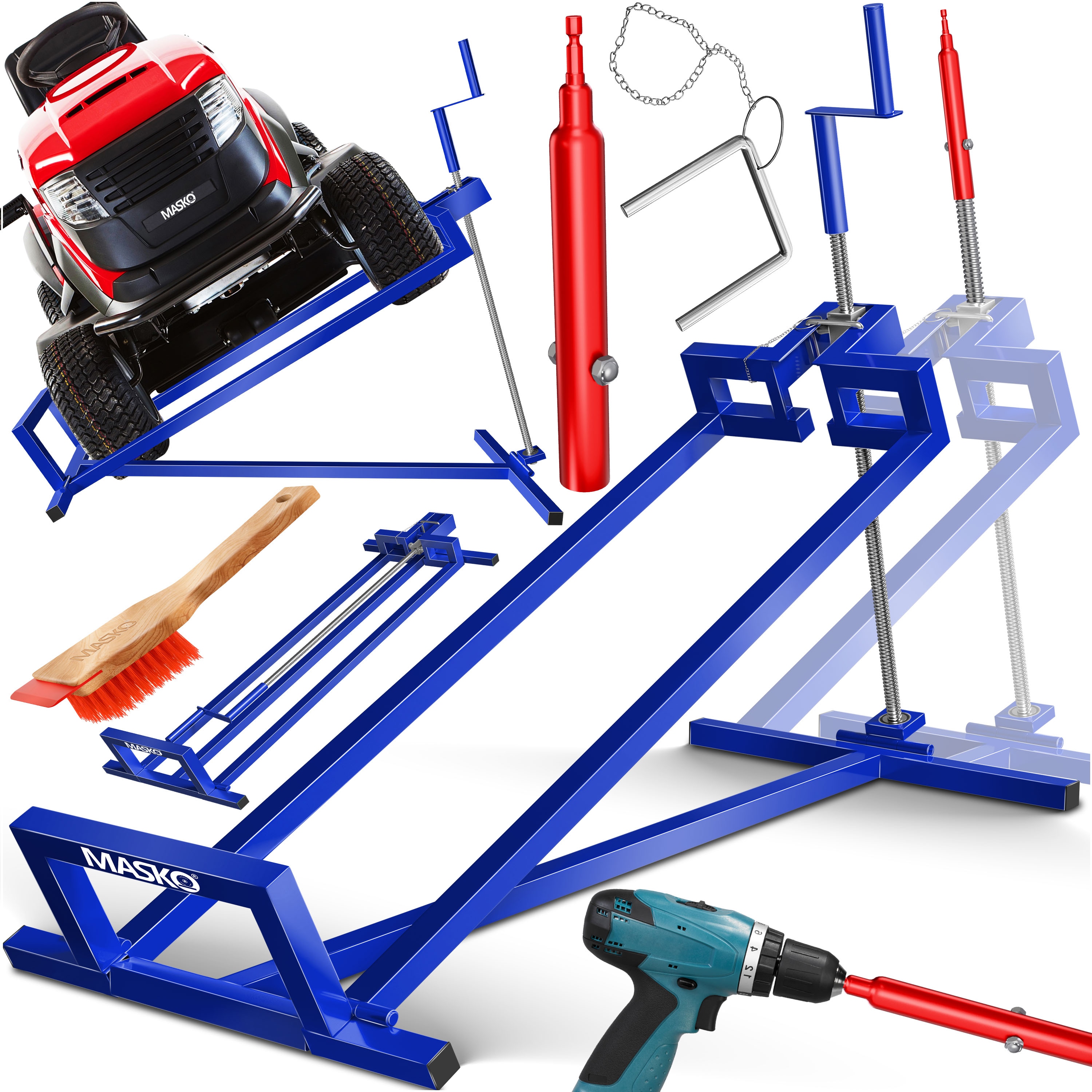MASKO&reg; XXL Rasentraktorheber 450 kg Hebevorrichtung Hebeb&uuml;hne Aufsitzm&auml;her Reinigungshilfe universal, Rasentraktor-Heber, Rasentraktor +45&deg; Neigung verstellbar inkl. B&uuml;rste 