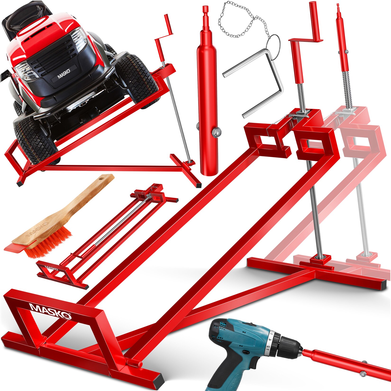® XXL Rasentraktorheber  Hebevorrichtung Hebebühne Aufsitzmäher Reinigungshilfe universal, Rasentraktor-Heber, Rasentraktor +45° Neigung verstellbar inkl. Bürste