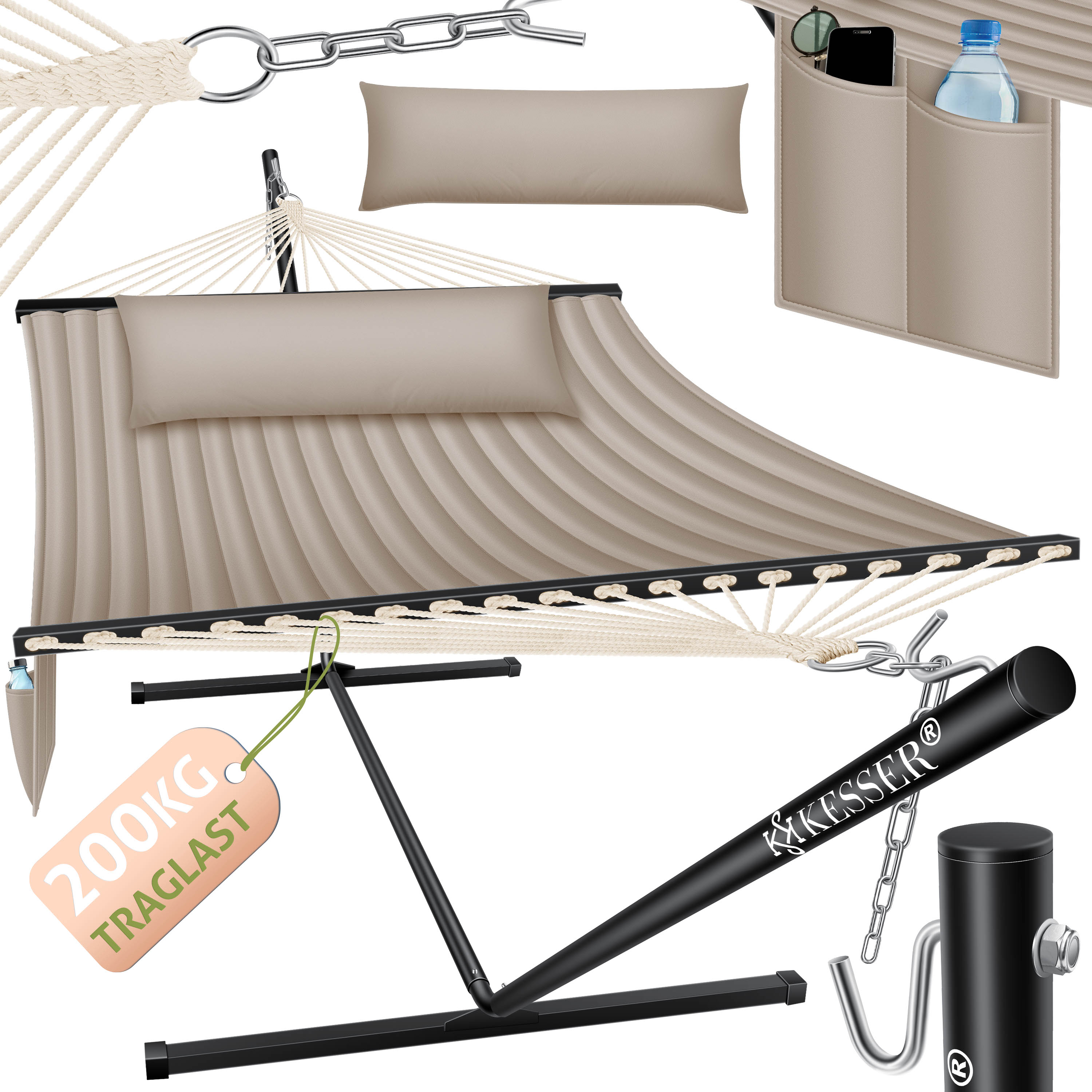 KESSER&reg; H&auml;ngematte HILL mit Gestell Kissen Doppelh&auml;ngematte f&uuml;r 2 Personen-Stabiler Rahmen -200kg Belastbarkeit Indoor & Outdoor XXL H&auml;ngesessel Doppel Mehrpersonen Garten Pool Balkon Terrasse 