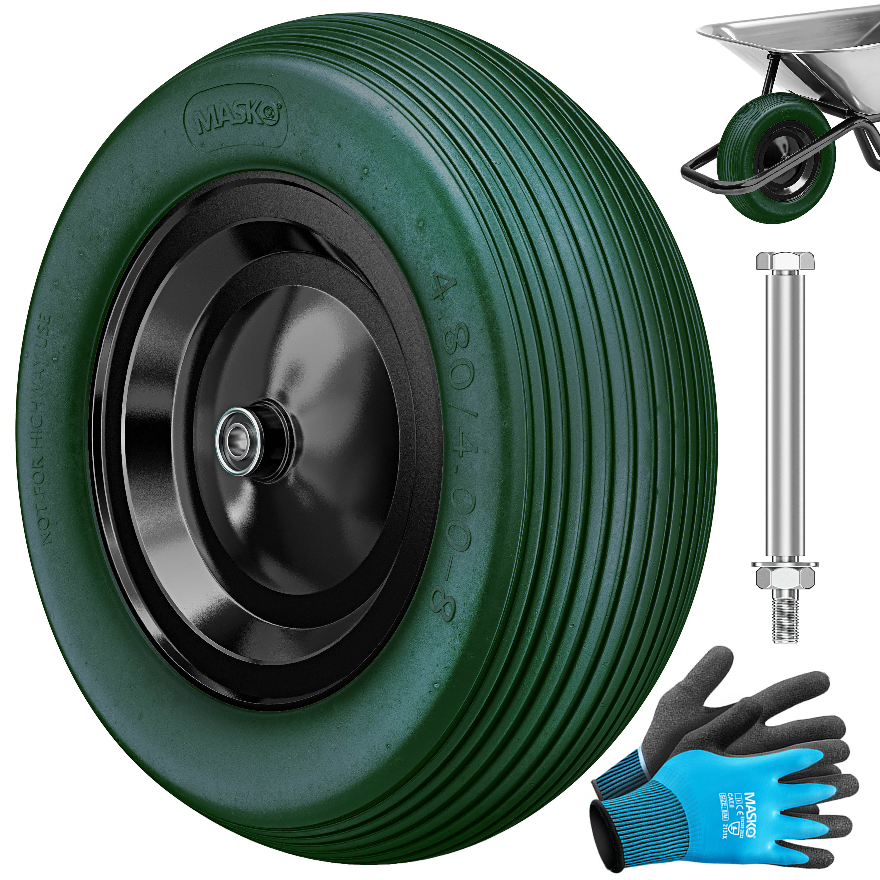 MASKO&reg; PU Schubkarrenrad Vollgummi 200 kg pannensicher 4.80/4.00-8 &Oslash; 390mm inkl. Achse Ersatzrad Gummirad Stahlfelge Reifen pannensicher f&uuml;r Schubkarre Gartenkarren pannensicheres PU Rad 