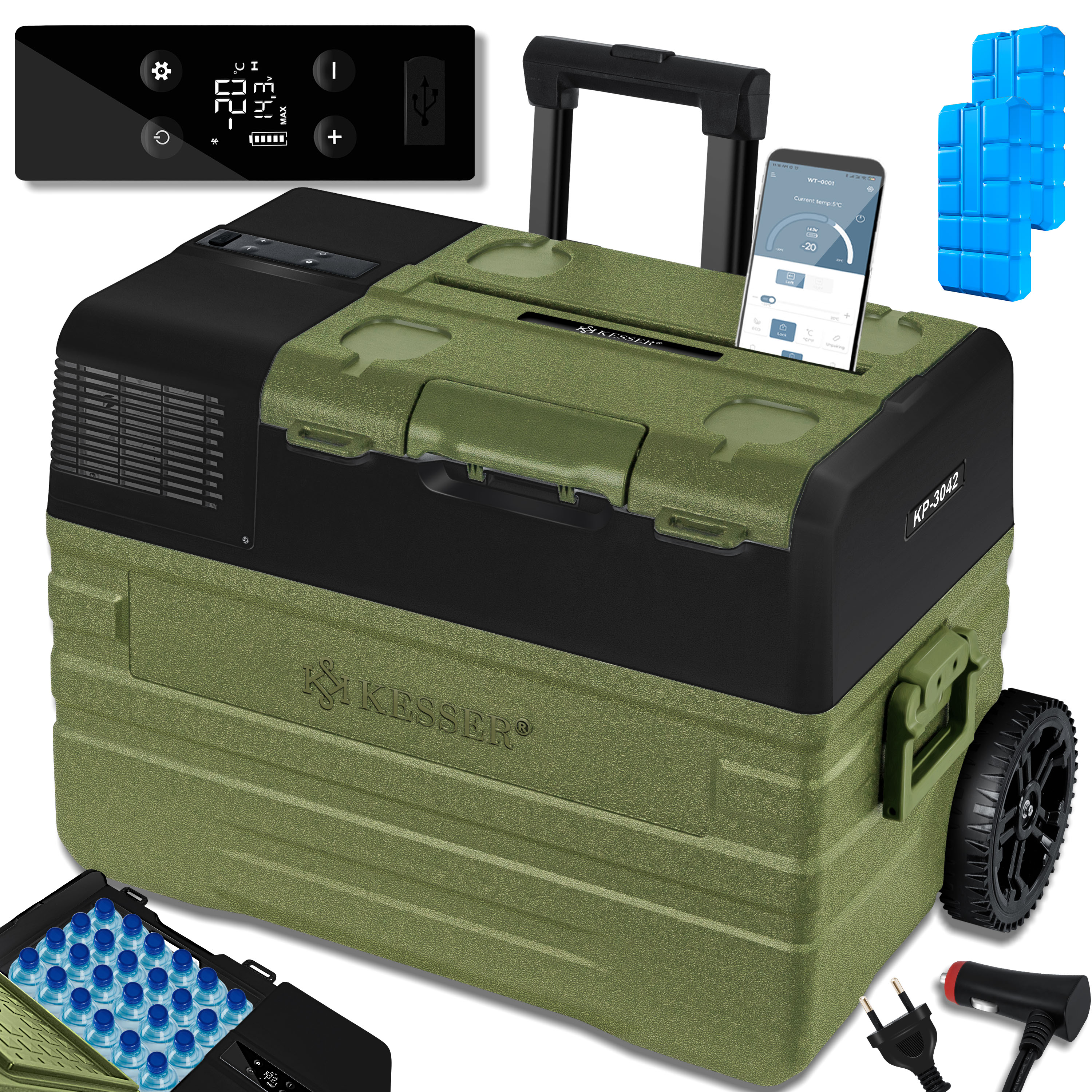 KESSER&reg; Kompressor K&uuml;hlbox elektrisch Gefrierbox, Mit APP-Steuerung USB-Anschluss 12/24 V 230V, +Teleskopstange R&auml;der K&uuml;hlschrank K&uuml;hlung bis -20 &deg;C f&uuml;r Auto, Lkw, Boot, Reisemobil, Camping 