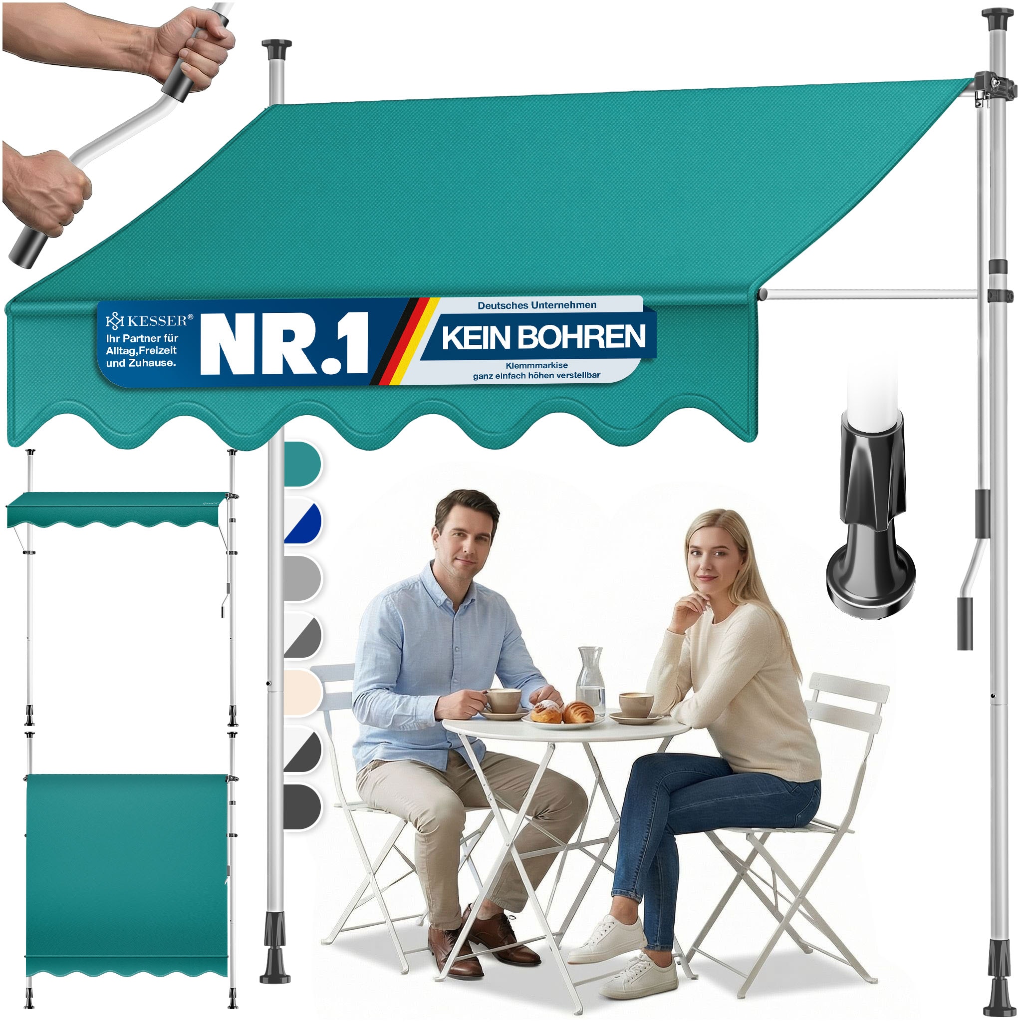 KESSER&reg; Klemmmarkise mit Handkurbel Balkon, Balkonmarkise ohne Bohren, UV-best&auml;ndig h&ouml;henverstellbar wasserabweisend , Sonnenschutz, Terrassen&uuml;berdachung , einfache Montage 
