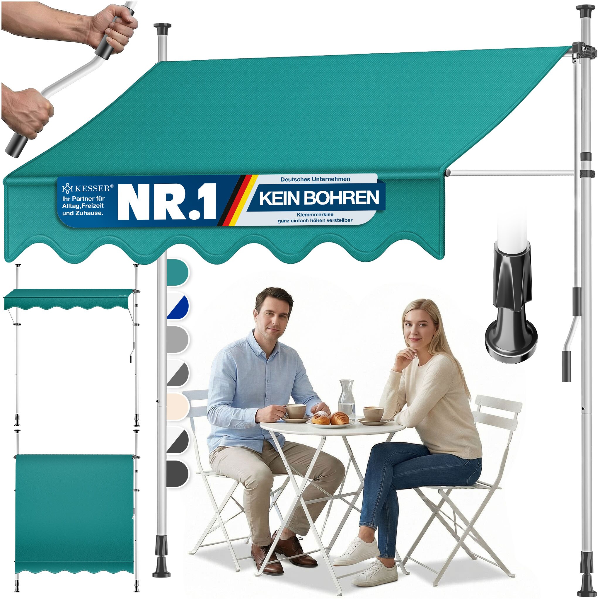 KESSER&reg; Klemmmarkise mit Handkurbel Balkon, Balkonmarkise ohne Bohren, UV-best&auml;ndig h&ouml;henverstellbar wasserabweisend , Sonnenschutz, Terrassen&uuml;berdachung , einfache Montage 