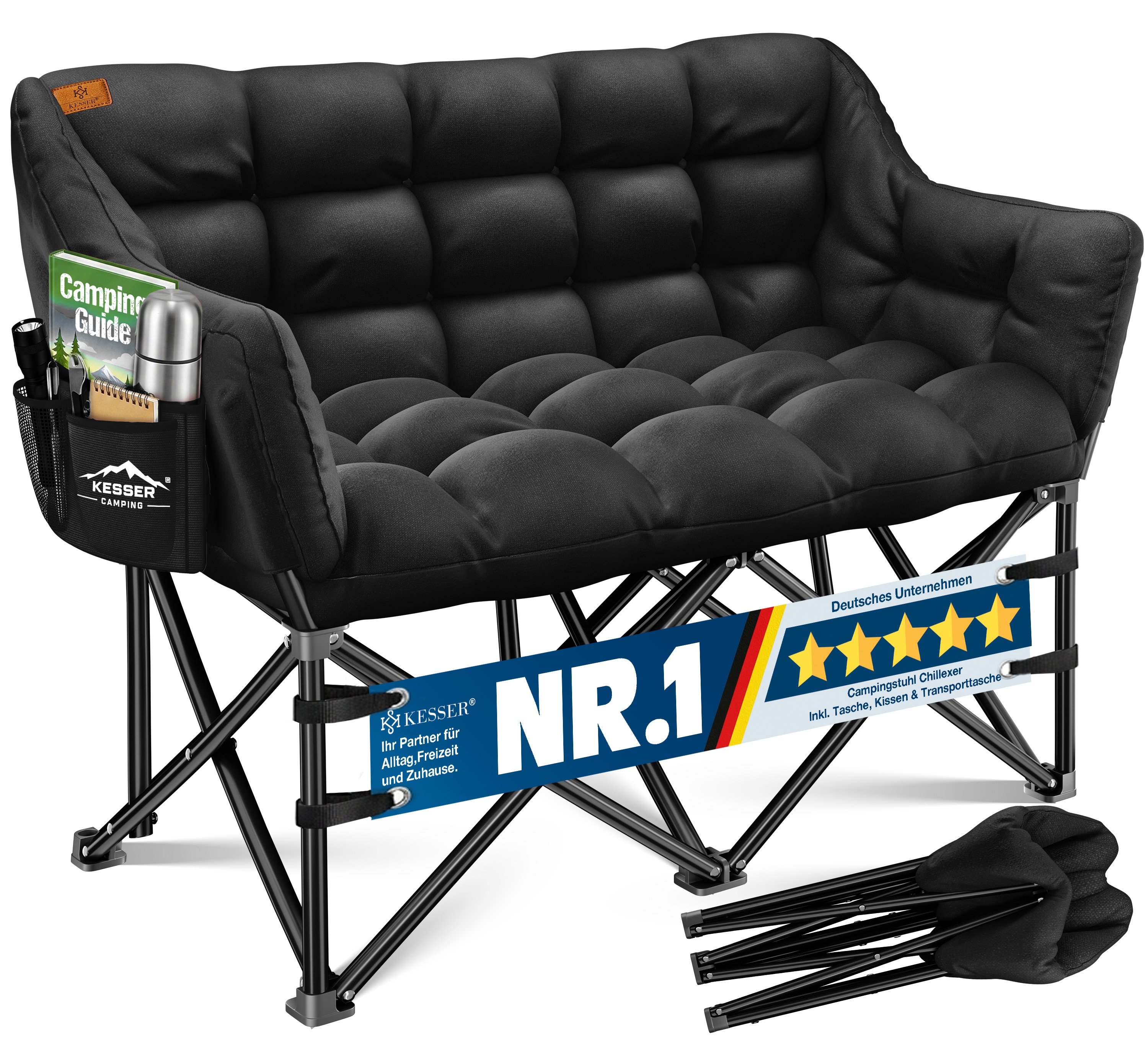 KESSER&reg; Campingsofa faltbar, Campingcouch breit, gepolstert mit Seitentaschen & Tasche, Faltsofa DUO, Campingstuhl Indoor & Outdoor, Camping, Festival, Angeln & Garten 