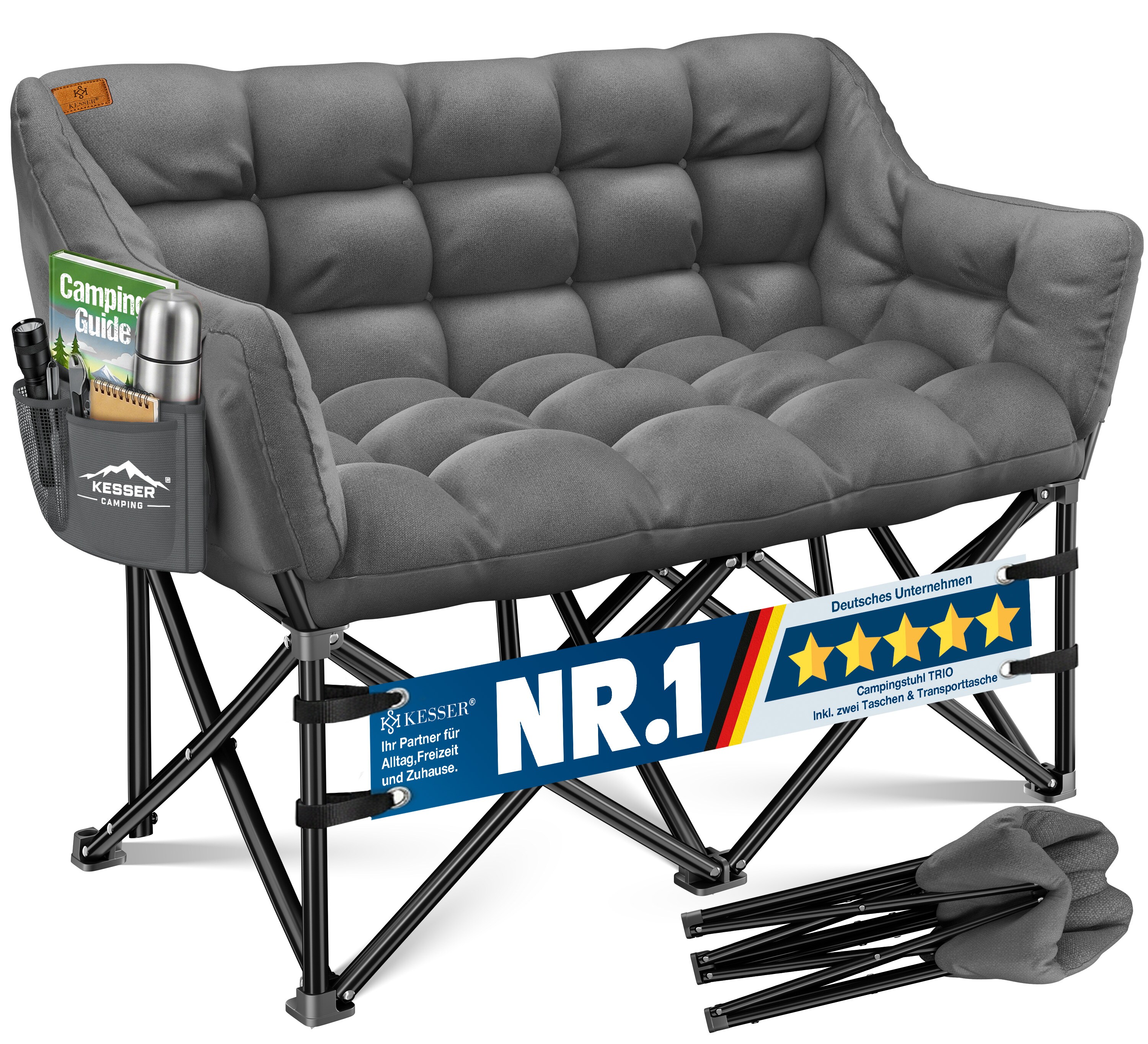 KESSER&reg; Campingsofa faltbar, Campingcouch breit, gepolstert mit Seitentaschen & Tasche, Faltsofa DUO, Campingstuhl Indoor & Outdoor, Camping, Festival, Angeln & Garten 