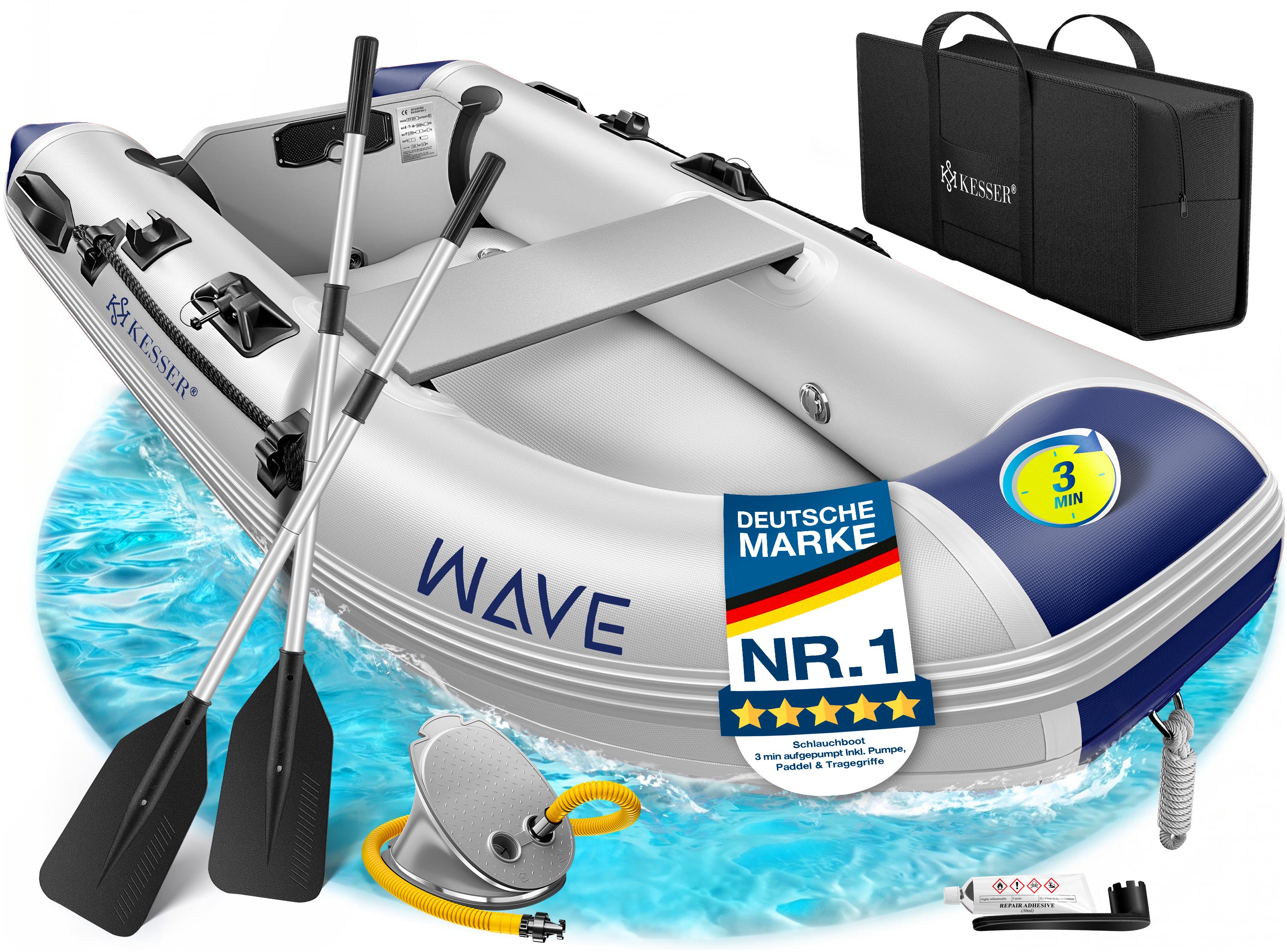KESSER&reg; Schlauchboot  f&uuml;r 2 - 4 Personen - WAVE Motor geeignet Freizeitboot Paddelboot Motorboot Angelboot - mit 1 - 2 Sitzb&auml;nken -  Alu-Boden Paddel Pumpe Reparaturset & Tasche aufblasbar PVC 