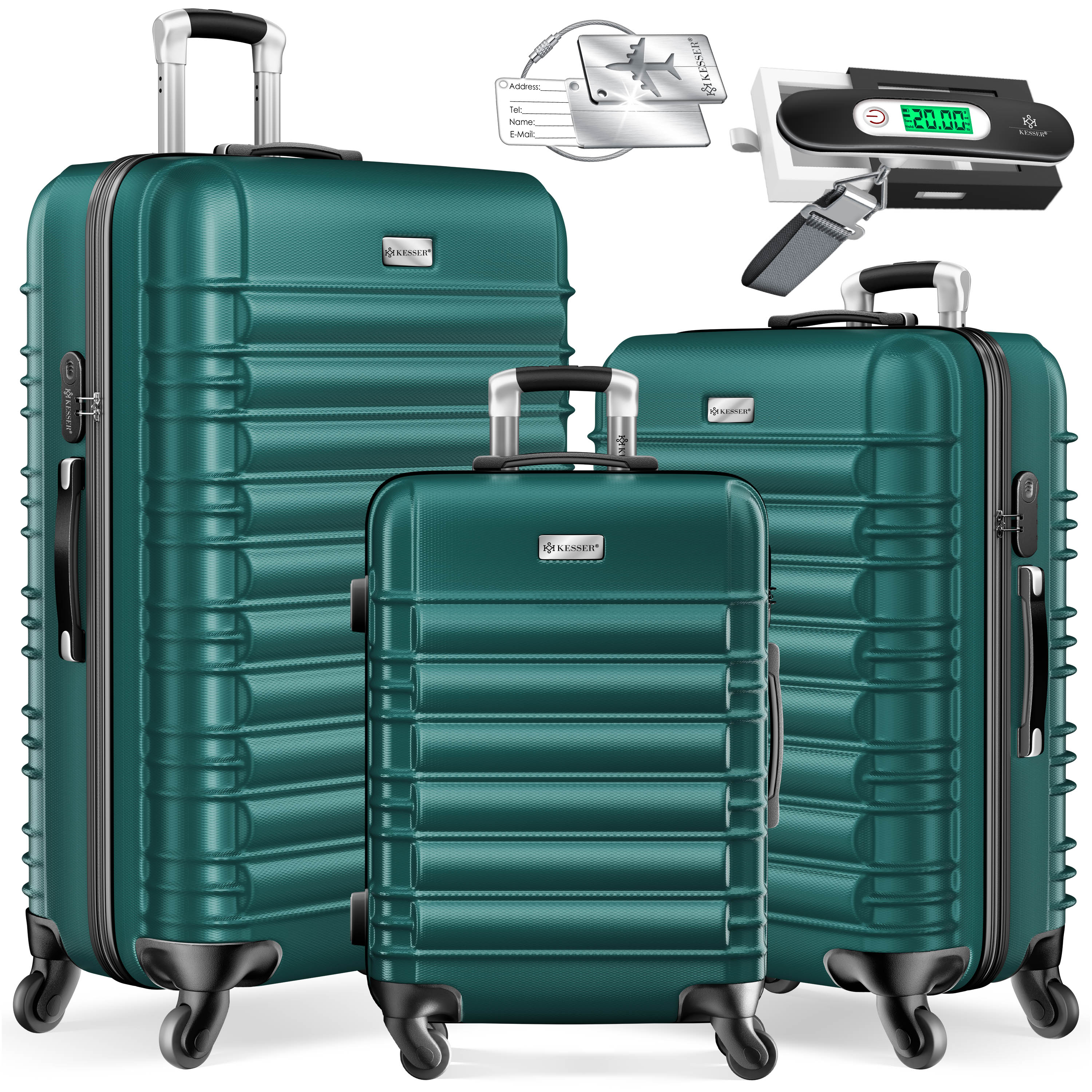 KESSER&reg; 3tlg. Hartschalenkofferset Hartschalenkoffer Reisekoffer Set Reisekofferset Trolley Koffer Inkl. Kofferwaage + Gep&auml;ckanh&auml;nger Rollkoffer Schloss 4 Rollen ABS-Hartschale Teleskopgriff M-L-XL 