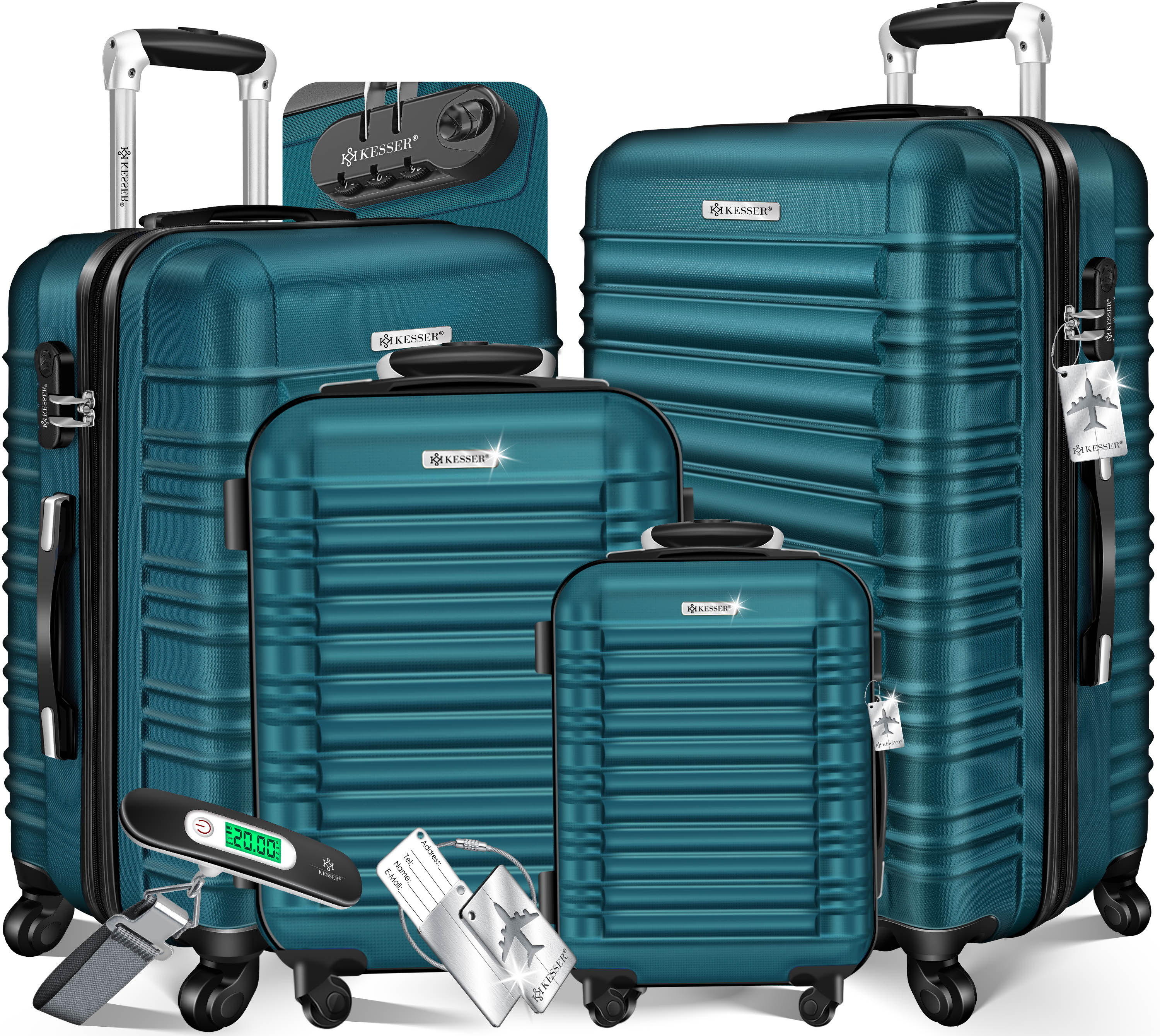 KESSER&reg; 4tlg. Hartschalenkofferset Hartschalenkoffer Reisekoffer Set Reisekofferset Trolley Koffer Inkl. Kofferwaage + Gep&auml;ckanh&auml;nger Rollkoffer Schloss 4 Rollen ABS-Hartschale Teleskopgriff S-M-L-XL 