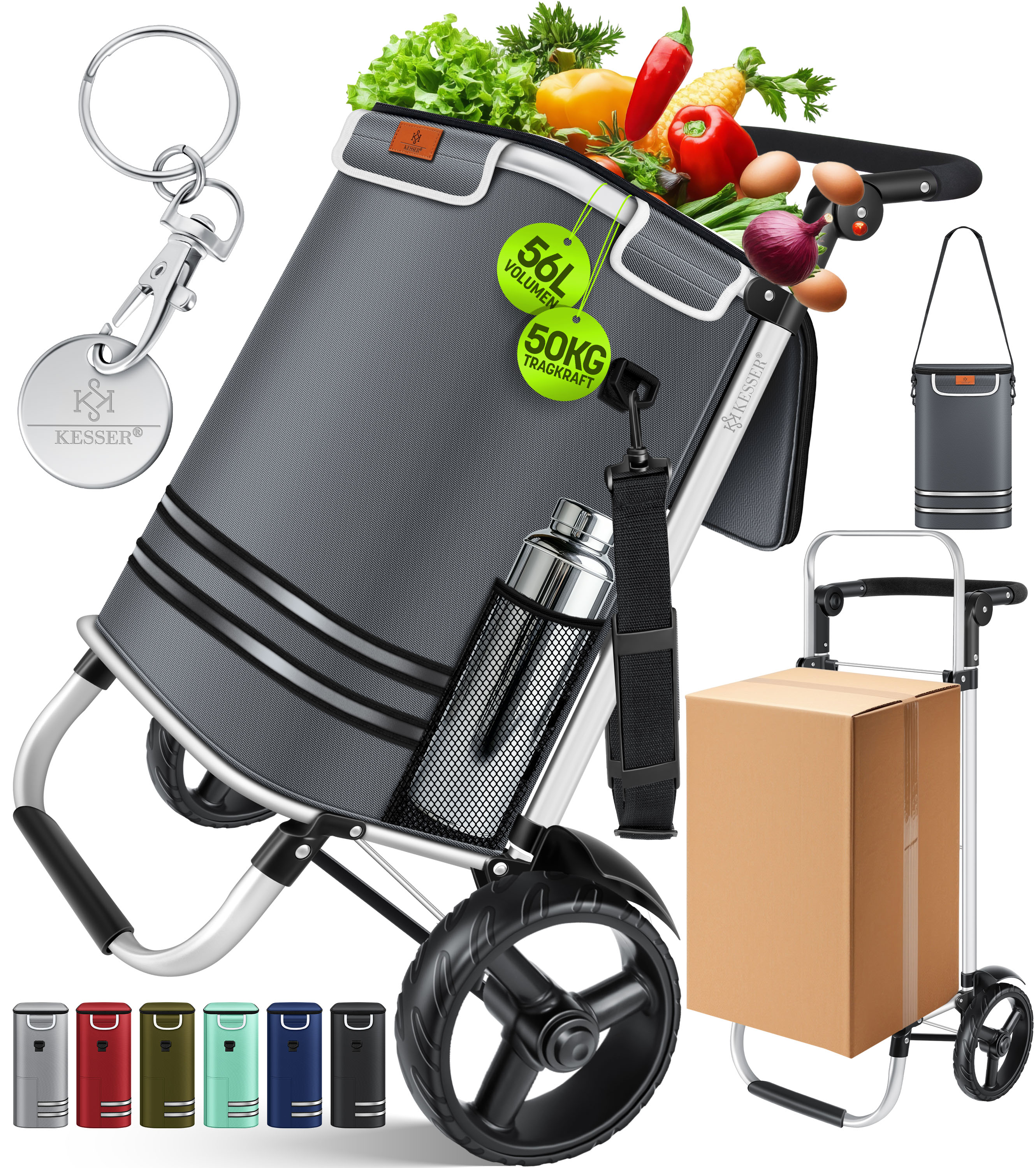 KESSER&reg; Einkaufstrolley klappbar mit 56L Kapazit&auml;t und belastbar bis 50kg | 3in1 Trolley Sackkarre & Umh&auml;ngetasche | Faltbarer Einkaufswagen inkl. K&uuml;hlfach & Einkaufschip | Treppensteiger 