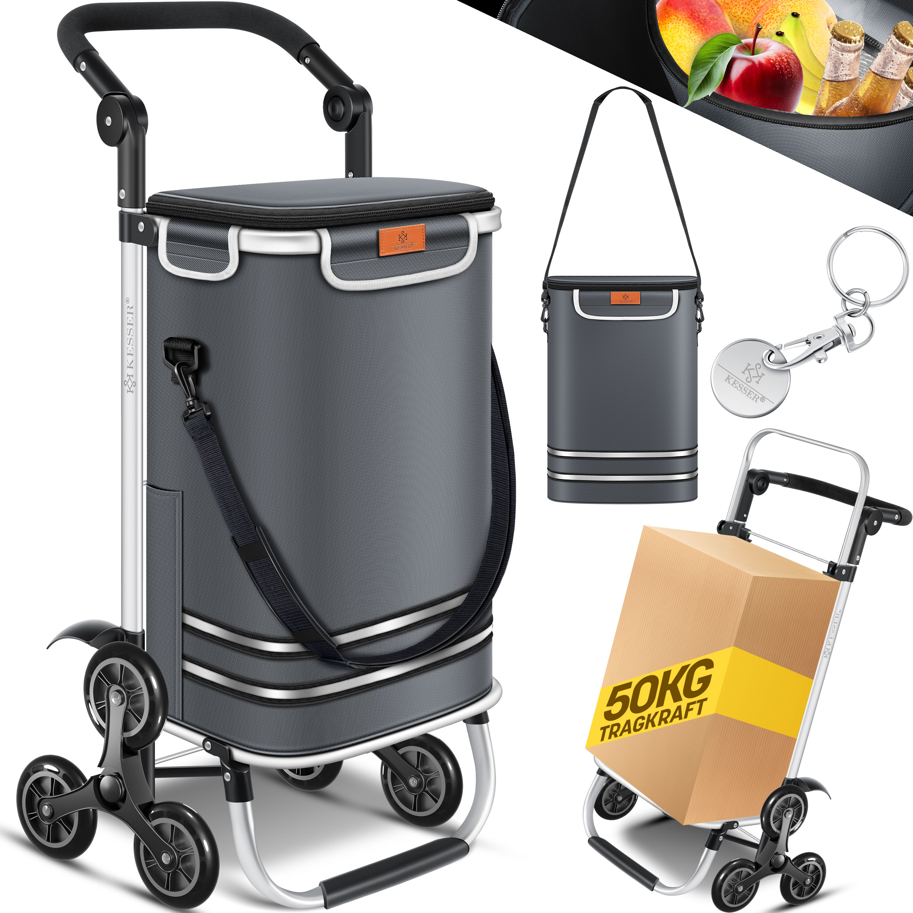 KESSER&reg; Einkaufstrolley Treppensteiger mit K&uuml;hlfach klappbar mit 56L Kapazit&auml;t und belastbar bis 50kg | 3in1 Trolley Sackkarre & Umh&auml;ngetasche | Faltbarer Einkaufswagen inkl. Einkaufschip 