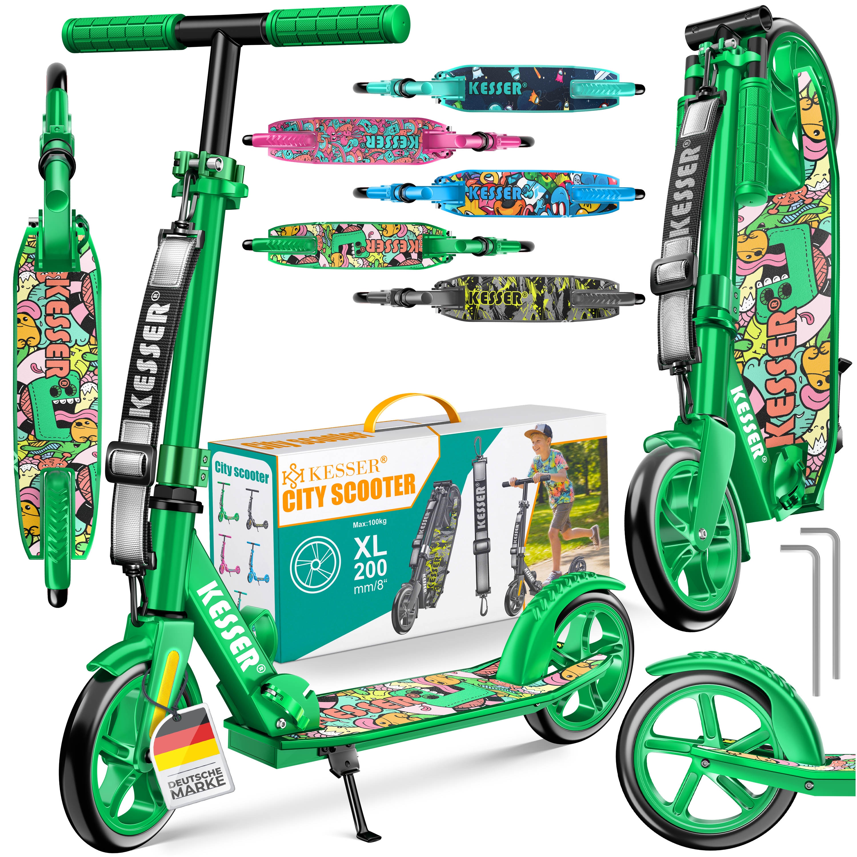 KESSER&reg; Scooter Roller Kinderroller Cityroller Tretroller Kickroller klappbar h&ouml;henverstellbar, Kickscooter bis 100kg, Hinterradbremse, rutschfeste Trittfl&auml;che, bis 185cm K&ouml;rpergr&ouml;&szlig;e, inkl. Tragegurt 