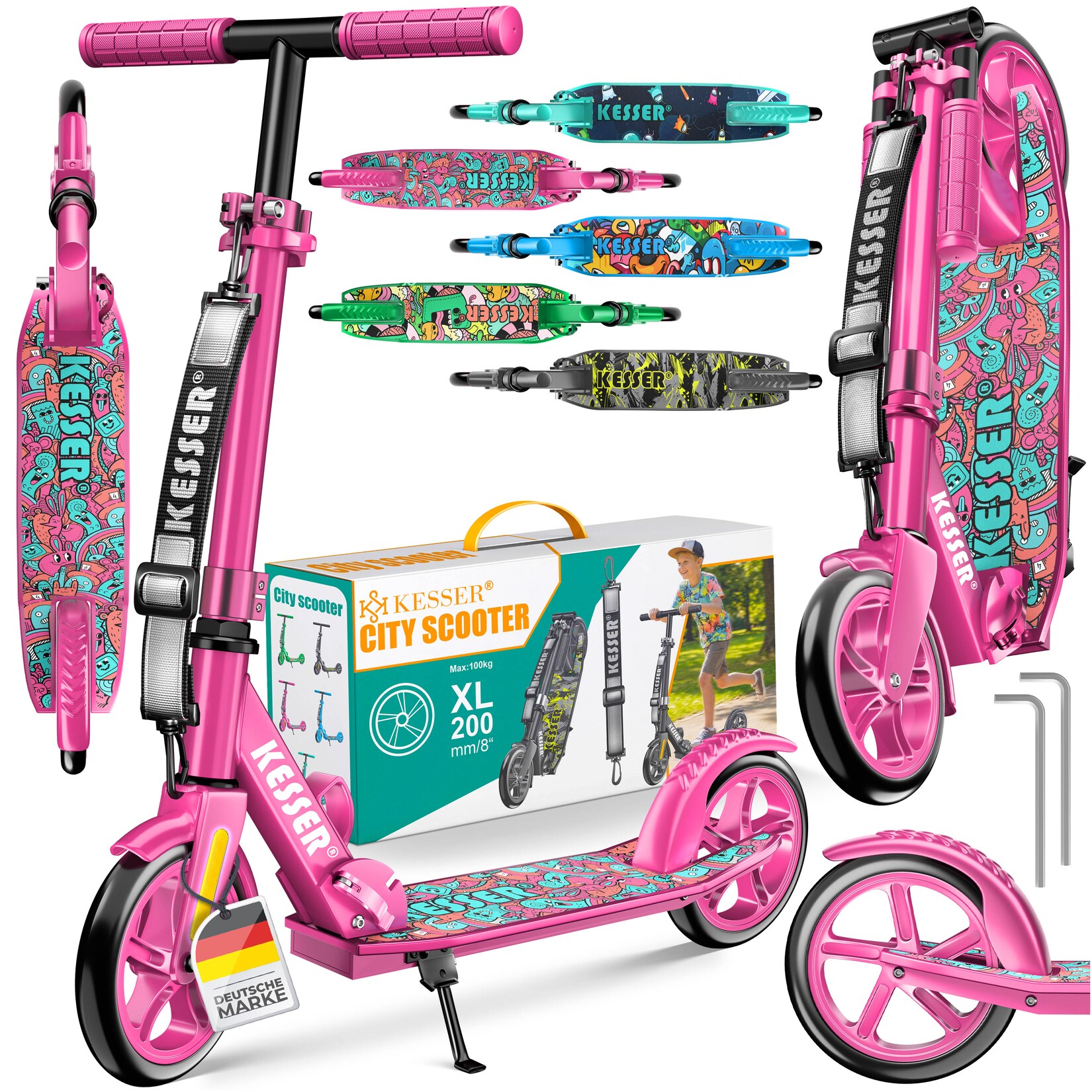KESSER® Scooter Roller Kinderroller Cityroller Tretroller Kickroller klappbar höhenverstellbar, Kickscooter bis 100kg, Hinterradbremse, rutschfeste Trittfläche, bis 185cm Körpergröße, inkl. Tragegurt