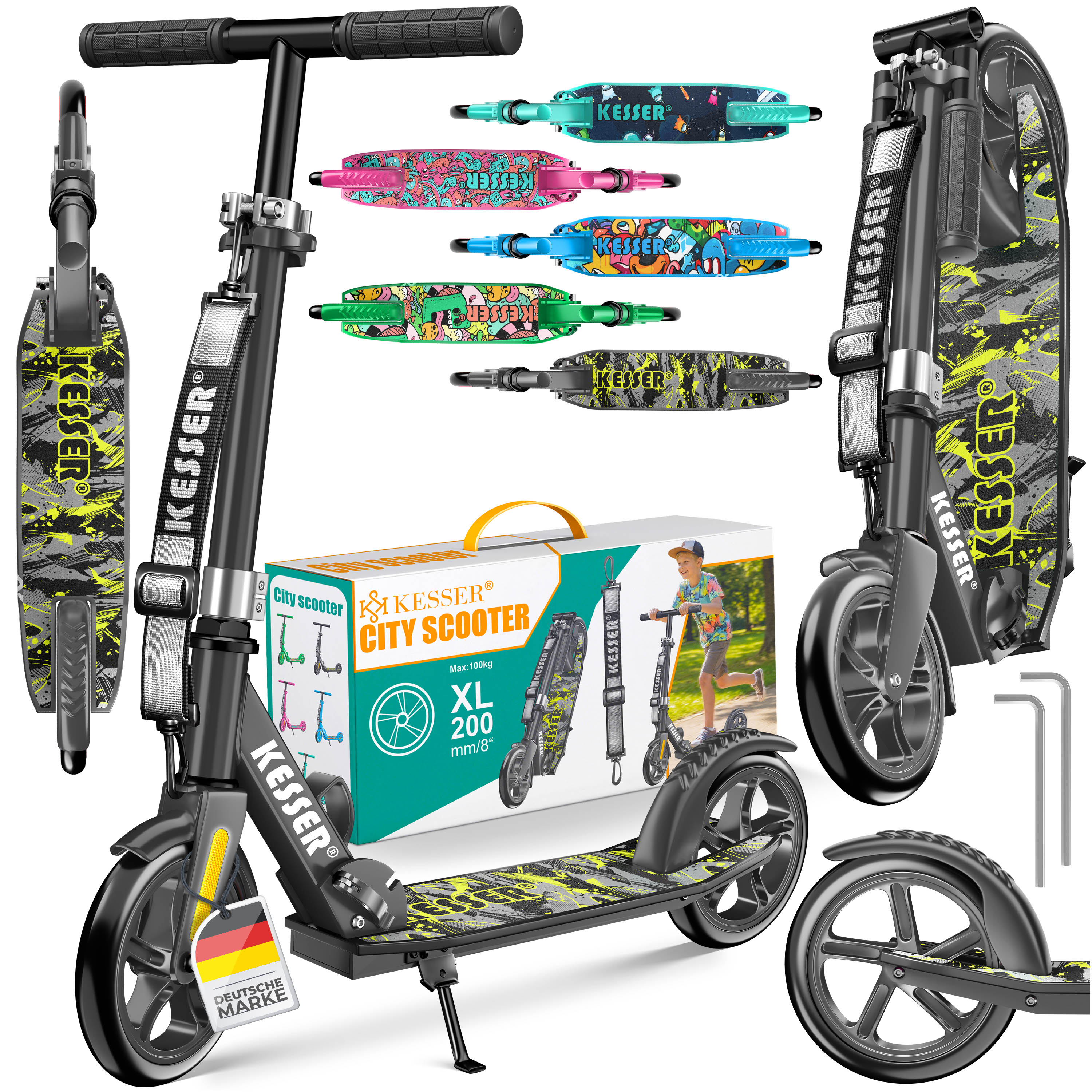 KESSER&reg; Scooter Roller Kinderroller Cityroller Tretroller Kickroller klappbar h&ouml;henverstellbar, Kickscooter bis 100kg, Hinterradbremse, rutschfeste Trittfl&auml;che, bis 185cm K&ouml;rpergr&ouml;&szlig;e, inkl. Tragegurt 