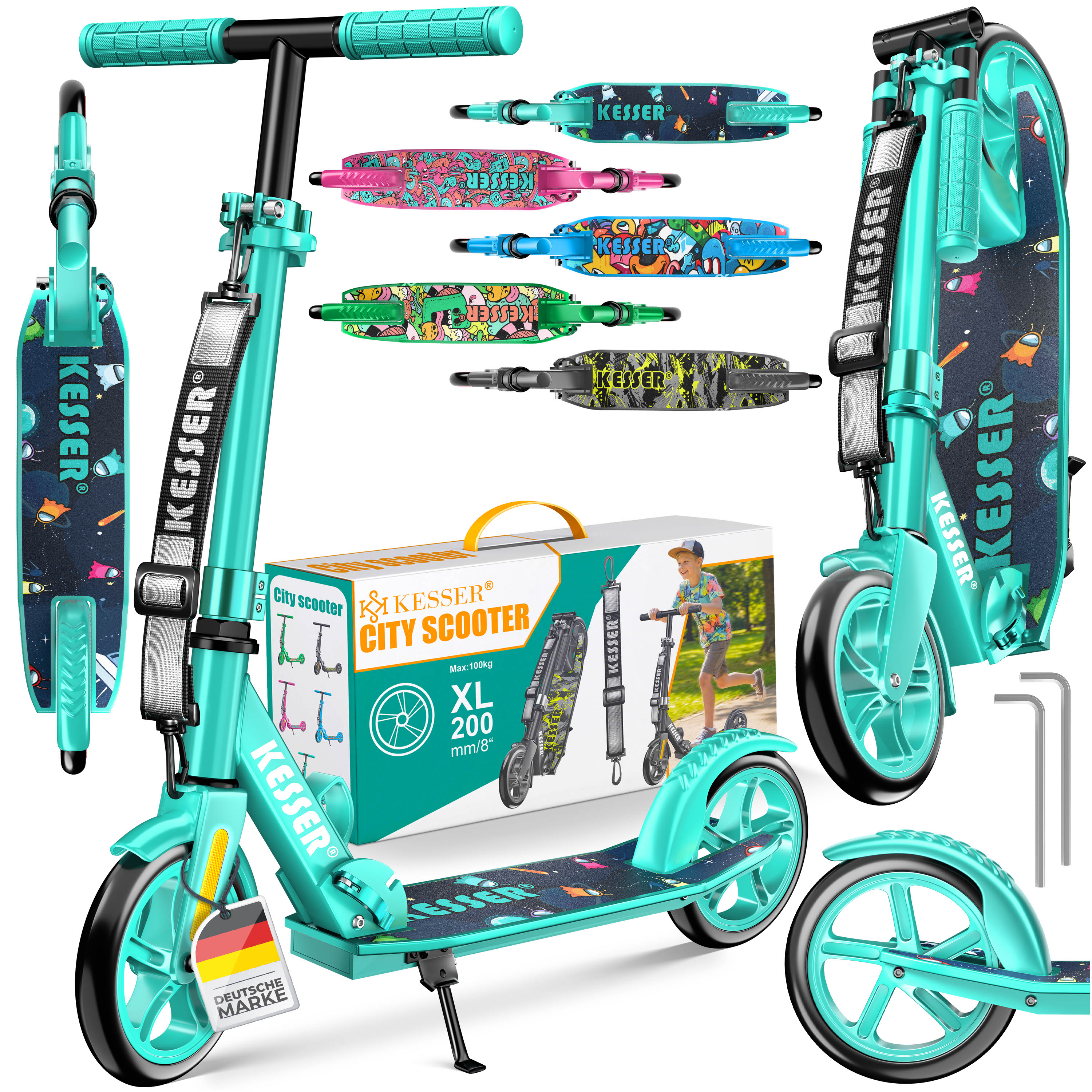 KESSER&reg; Scooter Roller Kinderroller Cityroller Tretroller Kickroller klappbar h&ouml;henverstellbar, Kickscooter bis 100kg, Hinterradbremse, rutschfeste Trittfl&auml;che, bis 185cm K&ouml;rpergr&ouml;&szlig;e, inkl. Tragegurt 