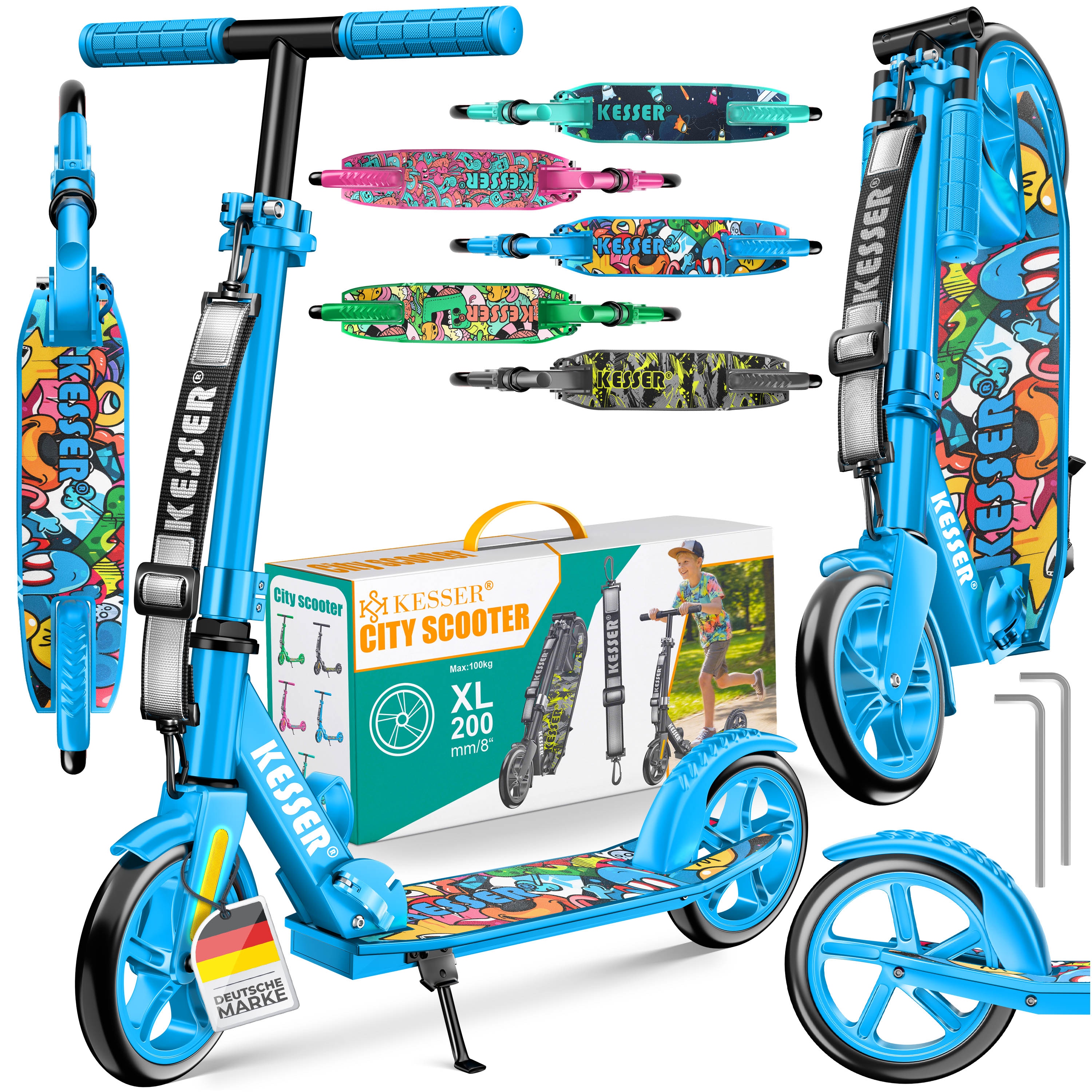 KESSER&reg; Scooter Roller Kinderroller Cityroller Tretroller Kickroller klappbar h&ouml;henverstellbar, Kickscooter bis 100kg, Hinterradbremse, rutschfeste Trittfl&auml;che, bis 185cm K&ouml;rpergr&ouml;&szlig;e, inkl. Tragegurt 