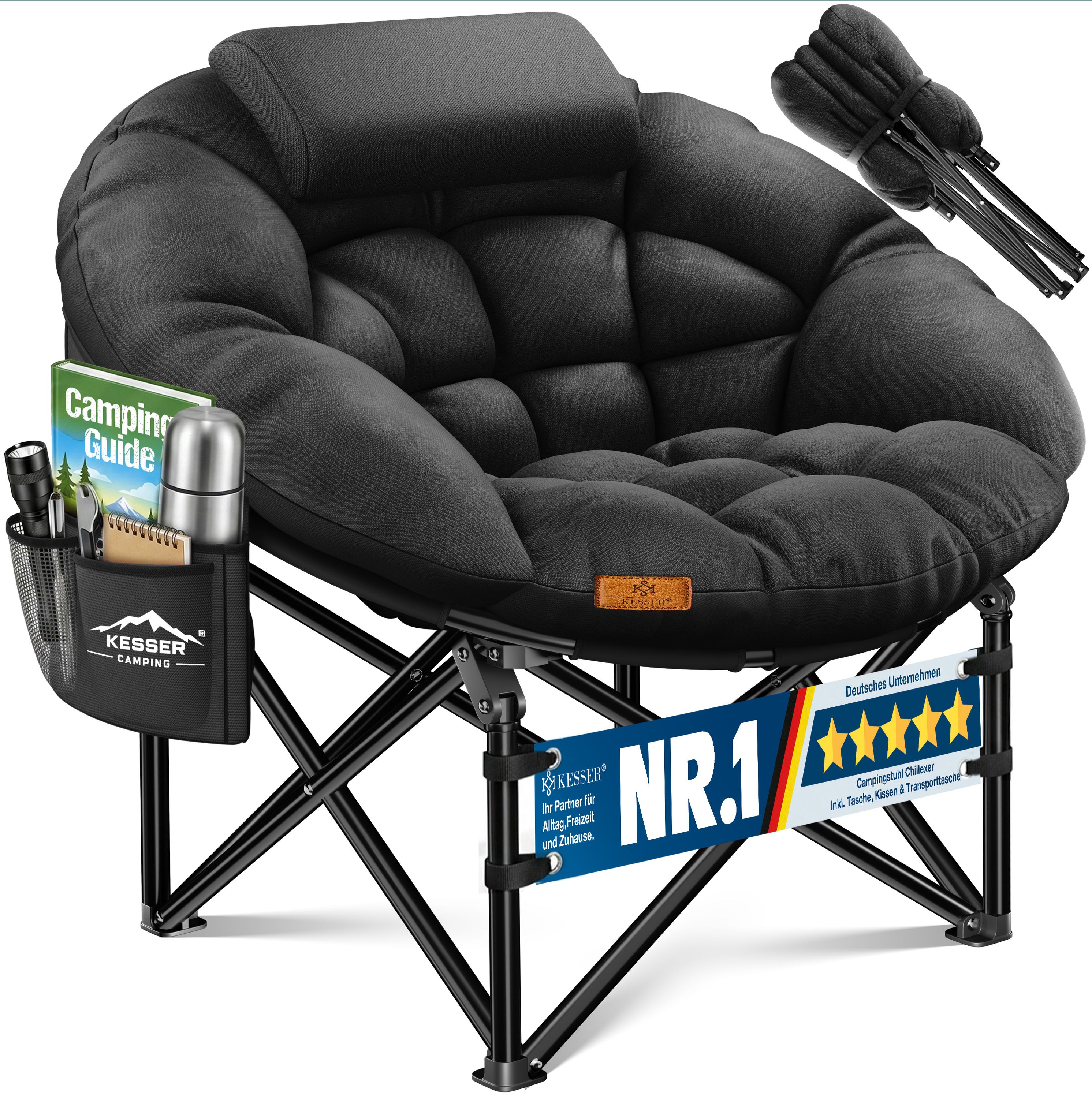 KESSER&reg; Campingstuhl Chillexer faltbar 150 Kg Klappstuhl ultraleicht und breit, dickes Polster mit bequemen Kissen und Seitentasche, Cover, Outdoor + Indoor - rund, Camping, Angeln, Festival, Strand 