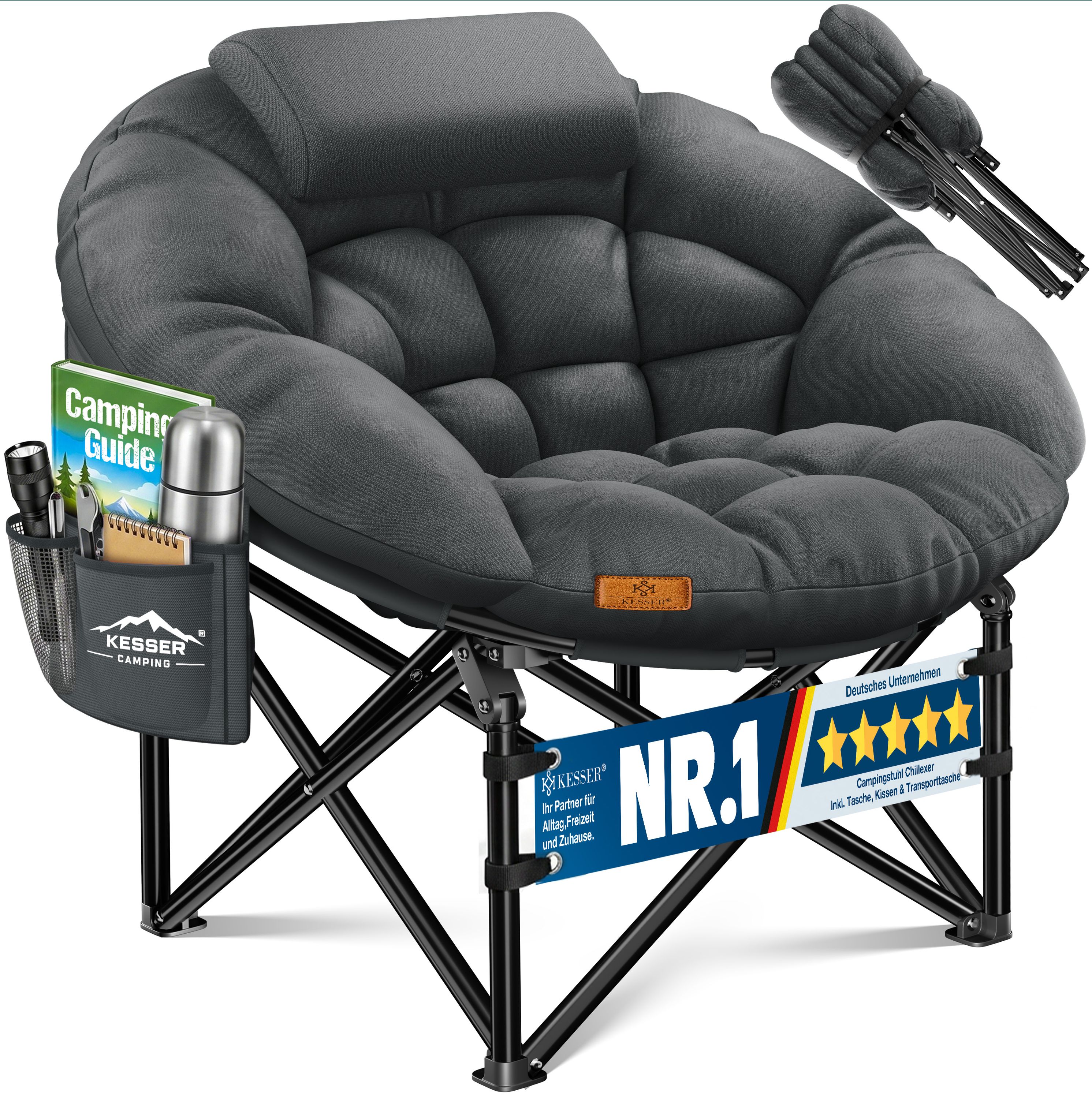 KESSER&reg; Campingstuhl Chillexer faltbar 150 Kg Klappstuhl ultraleicht und breit, dickes Polster mit bequemen Kissen und Seitentasche, Cover, Outdoor + Indoor - rund, Camping, Angeln, Festival, Strand 