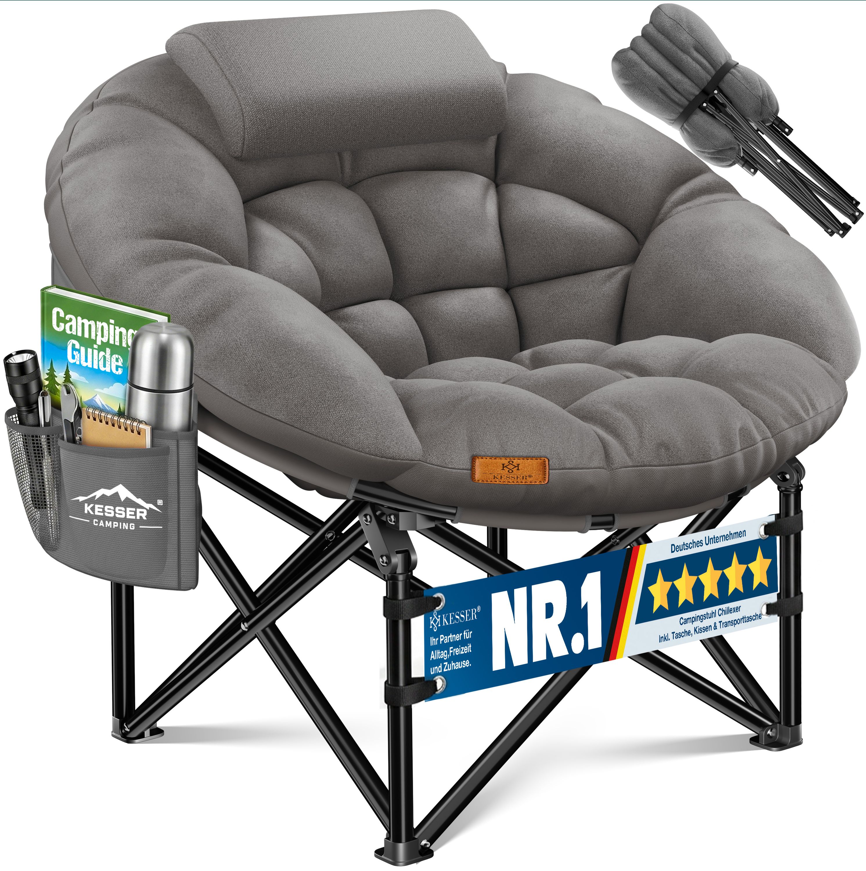 KESSER&reg; Campingstuhl Chillexer faltbar 150 Kg Klappstuhl ultraleicht und breit, dickes Polster mit bequemen Kissen und Seitentasche, Cover, Outdoor + Indoor - rund, Camping, Angeln, Festival, Strand 