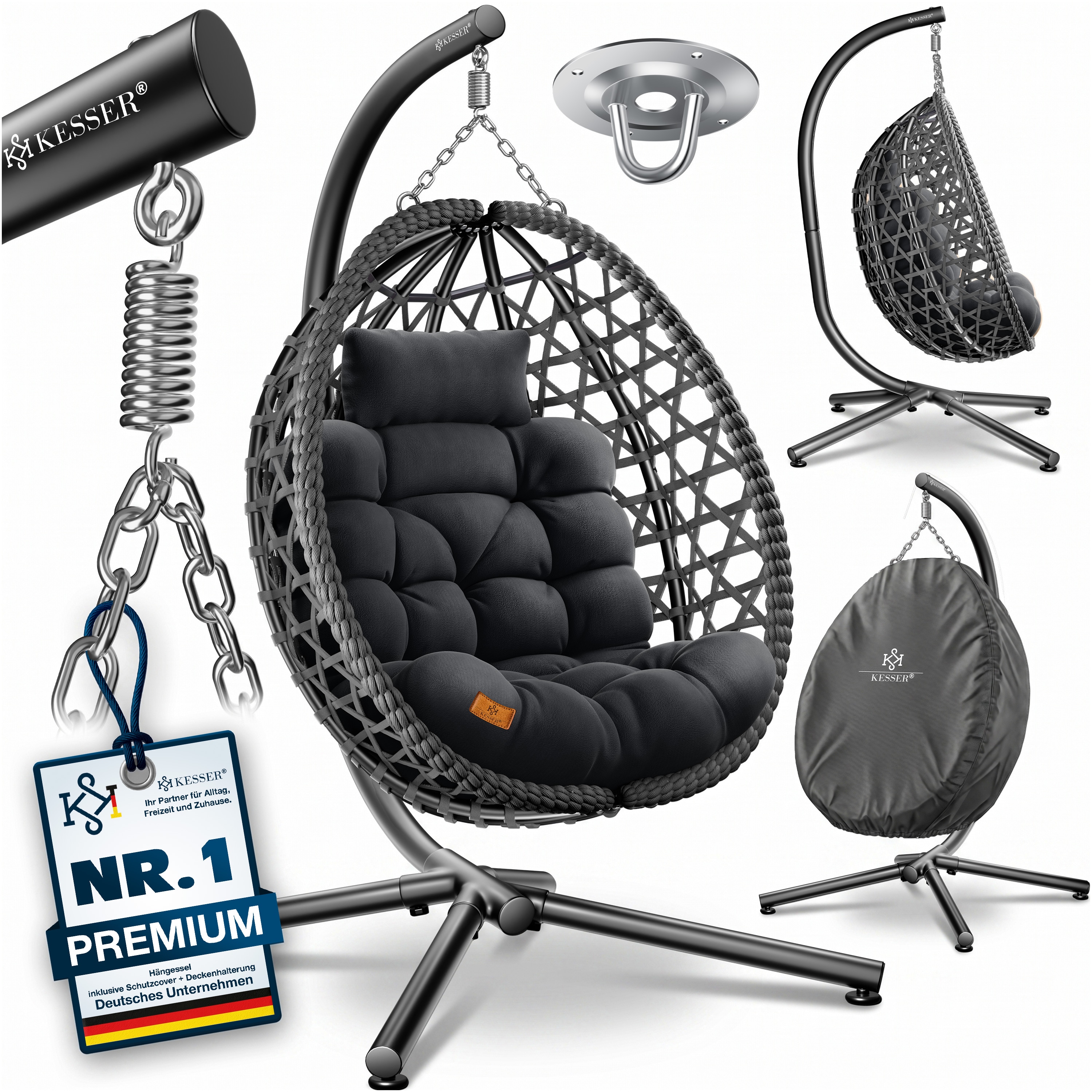 KESSER&reg; H&auml;ngesessel mit Gestell Outdoor Indoor Schaukelstuhl Polyrattan 360&deg; 150kg Tragkraft inkl. Polsterkissen & 2in1 Deckenhalterung + Cover &ndash; Relaxschaukel - Garten, Balkon, Terrasse 