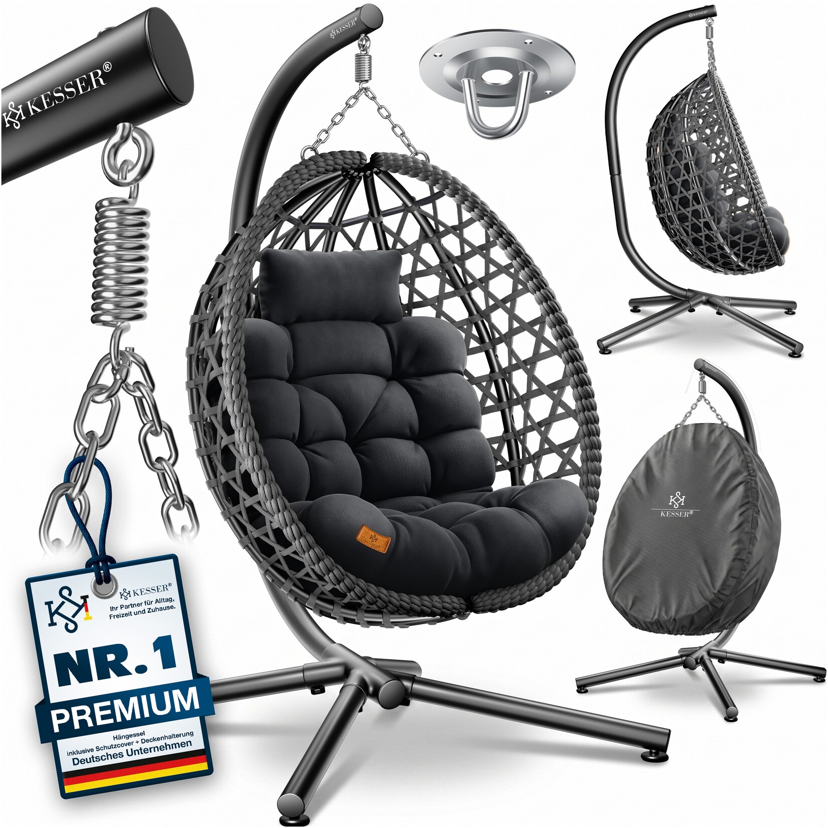 KESSER® Hängesessel mit Gestell Outdoor Indoor Schaukelstuhl Polyrattan 360° 150kg Tragkraft inkl. Polsterkissen & 2in1 Deckenhalterung + Cover – Relaxschaukel - Garten, Balkon, Terrasse