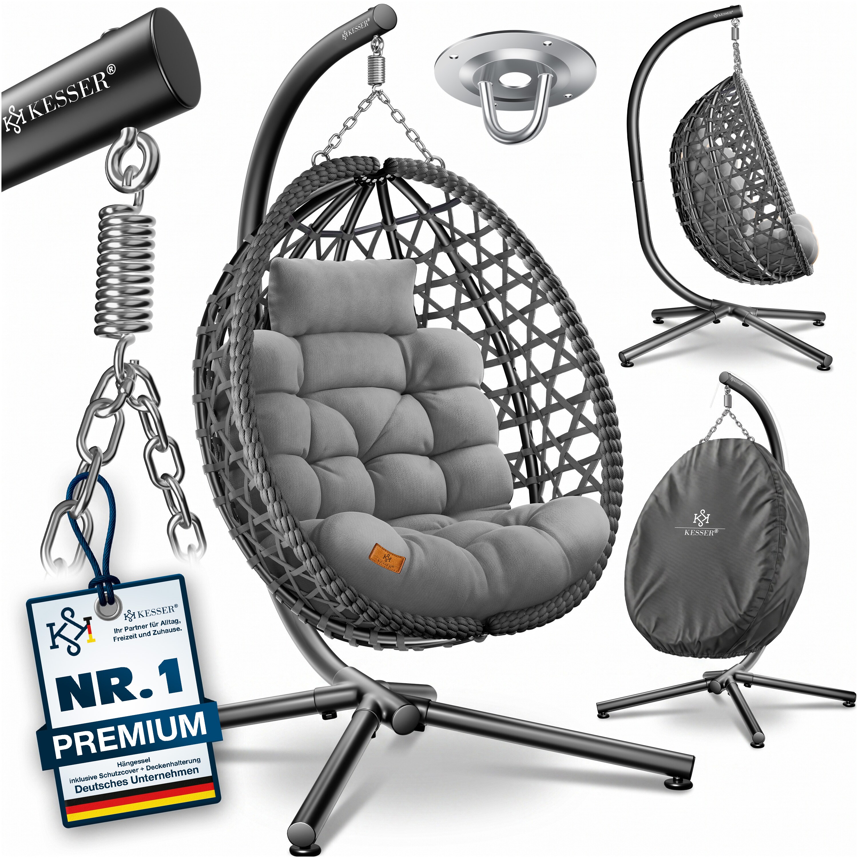 KESSER&reg; H&auml;ngesessel mit Gestell Outdoor Indoor Schaukelstuhl Polyrattan 360&deg; 150kg Tragkraft inkl. Polsterkissen & 2in1 Deckenhalterung + Cover &ndash; Relaxschaukel - Garten, Balkon, Terrasse 