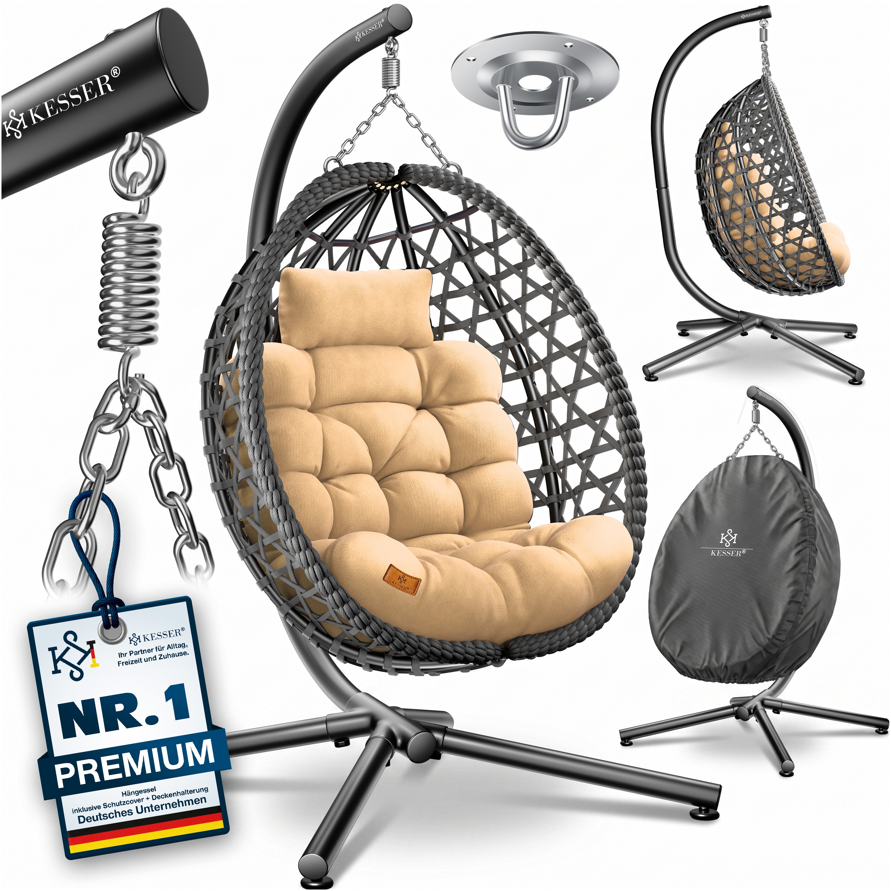 KESSER&reg; H&auml;ngesessel mit Gestell Outdoor Indoor Schaukelstuhl Polyrattan 360&deg; 150kg Tragkraft inkl. Polsterkissen & 2in1 Deckenhalterung + Cover &ndash; Relaxschaukel - Garten, Balkon, Terrasse 