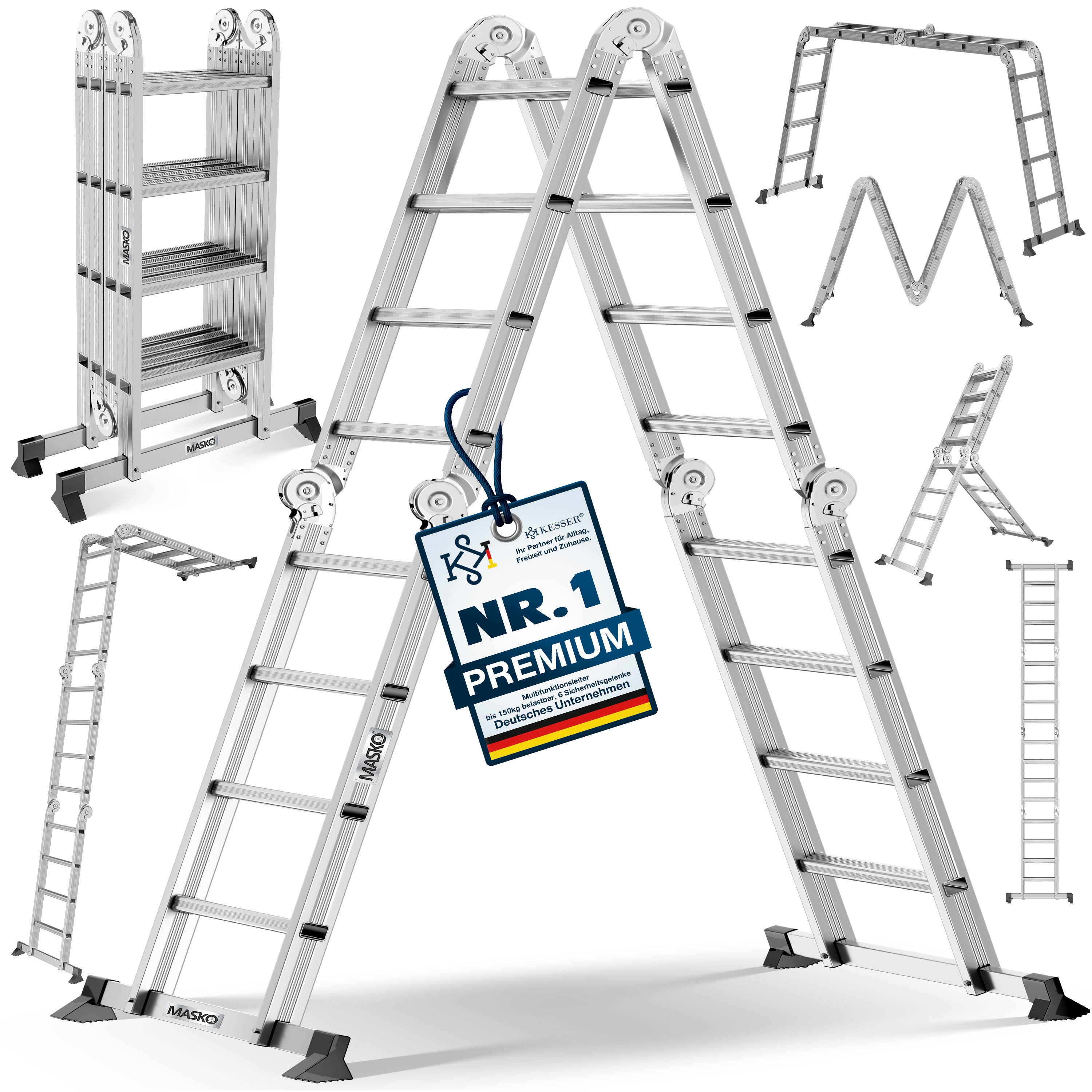 MASKO&reg; Leiter Aluminium  Mehrzweckleiter 150 Kg belastbar, 6in1 multifunktional mit Verriegelung, Gelenkleiter, Anlegeleiter, beidseitige Steh- und Treppenleiter 