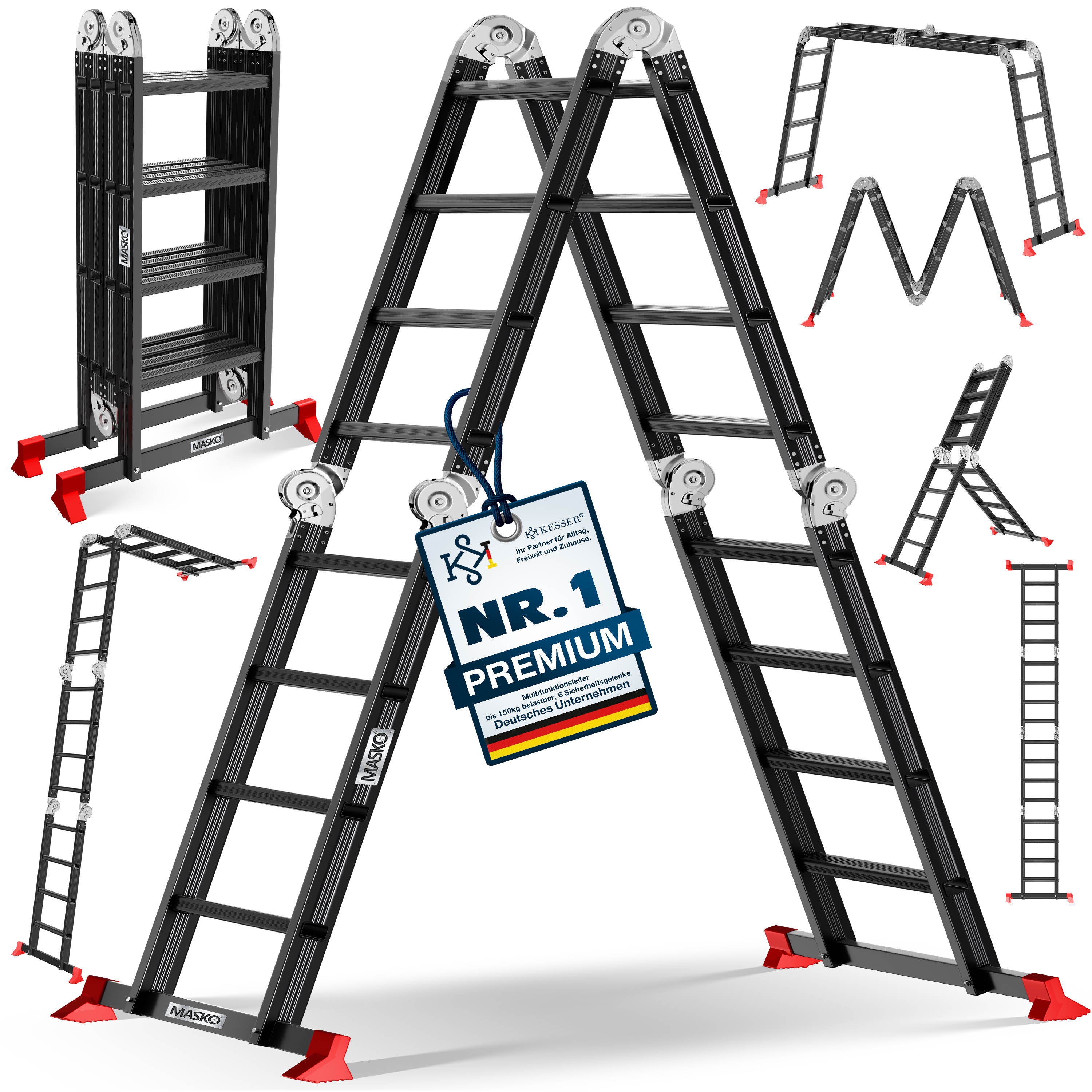 MASKO&reg; Leiter Aluminium  Mehrzweckleiter 150 Kg belastbar, 6in1 multifunktional mit Verriegelung, Gelenkleiter, Anlegeleiter, beidseitige Steh- und Treppenleiter 