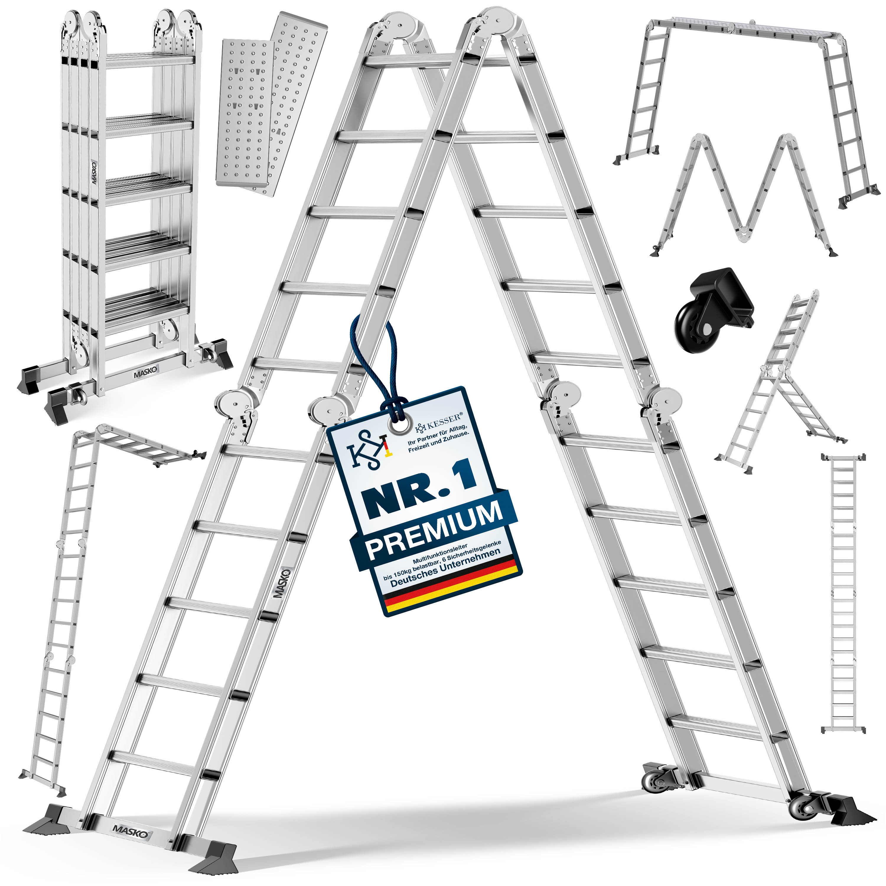 MASKO&reg; Leiter Aluminium  Mehrzweckleiter 150 Kg belastbar, 6in1 multifunktional mit Verriegelung, Gelenkleiter, Anlegeleiter, beidseitige Steh- und Treppenleiter 