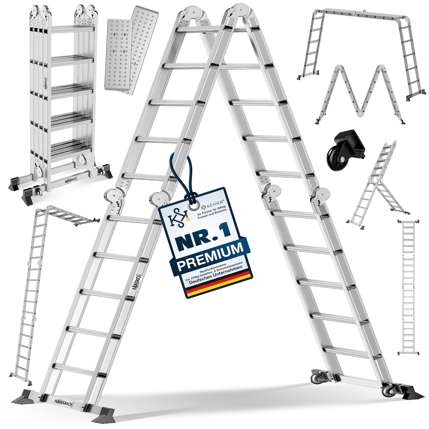 MASKO® Leiter Aluminium Mehrzweckleiter 150 Kg belastbar, 6in1 multifunktional mit Verriegelung, Gelenkleiter, Anlegeleiter, beidseitige Steh- und Treppenleiter