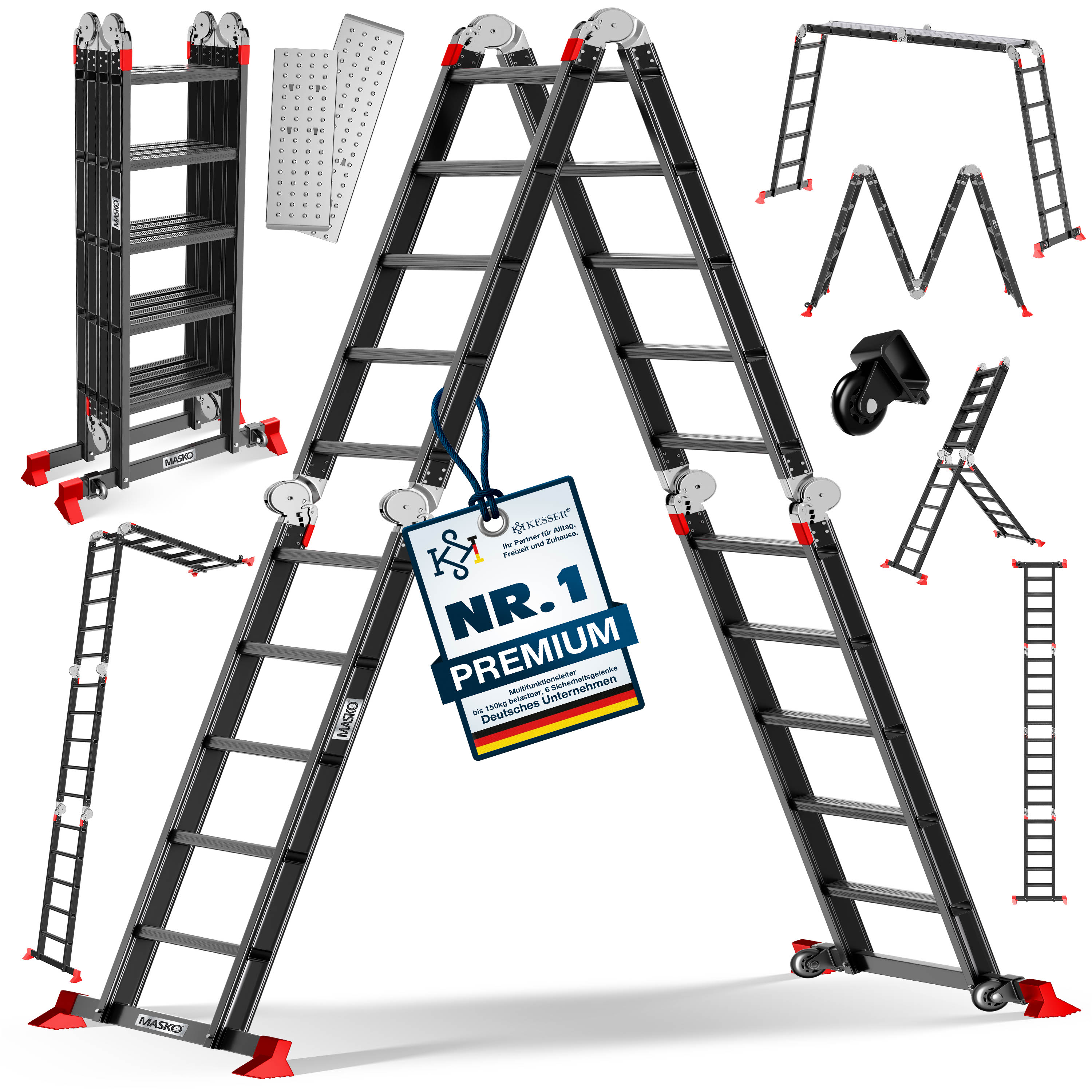 MASKO&reg; Leiter Aluminium  Mehrzweckleiter 150 Kg belastbar, 6in1 multifunktional mit Verriegelung, Gelenkleiter, Anlegeleiter, beidseitige Steh- und Treppenleiter 