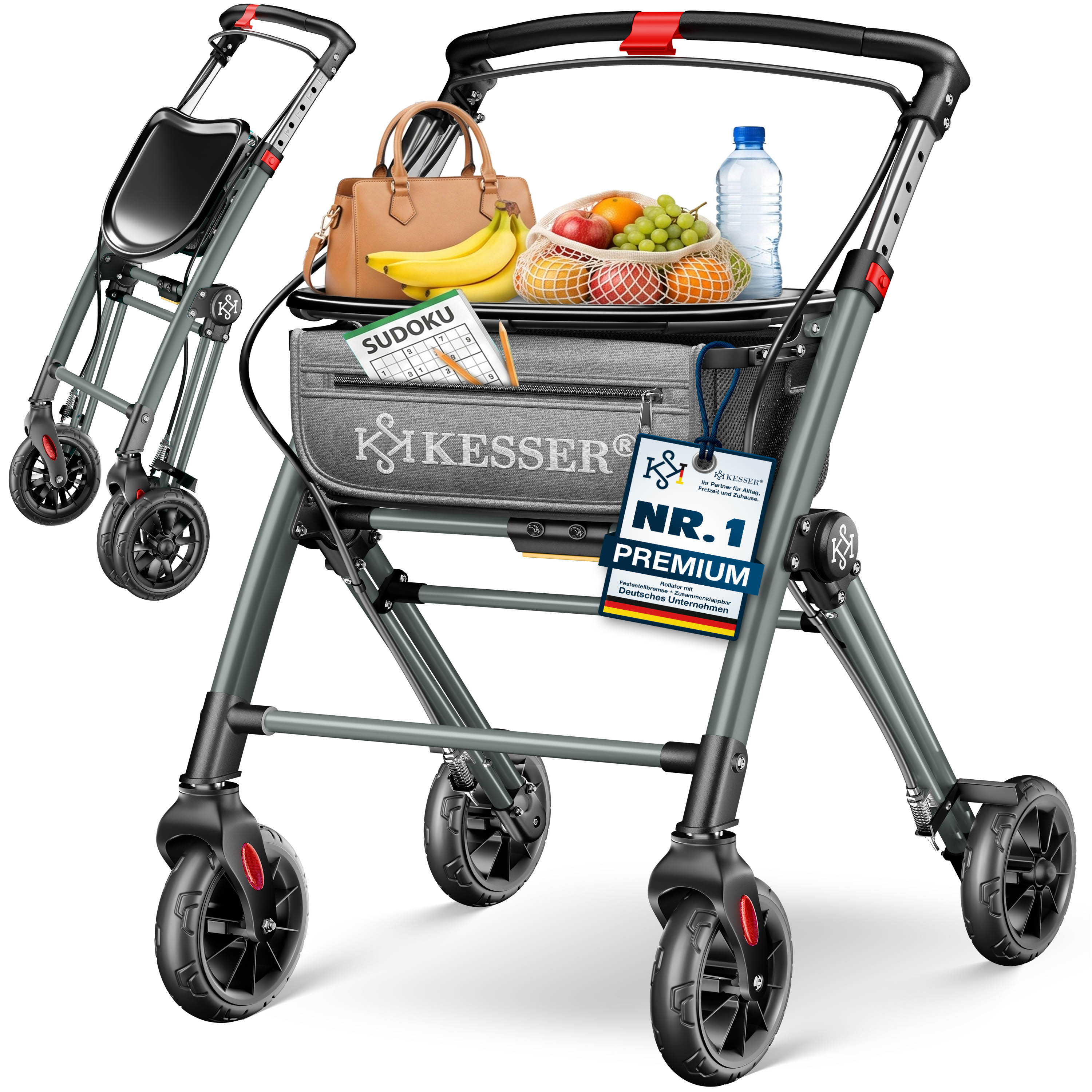 KESSER&reg; Rollator, leicht klappbar, schmal f&uuml;r Wohnung aus Aluminium, 100kg mit h&ouml;henverstellbaren Griffen, Einhand-Faltmechanismus, 360&deg; R&auml;dern, Feststellbremse, abnehmbarem Tablett & Netzkorb, Indoor 