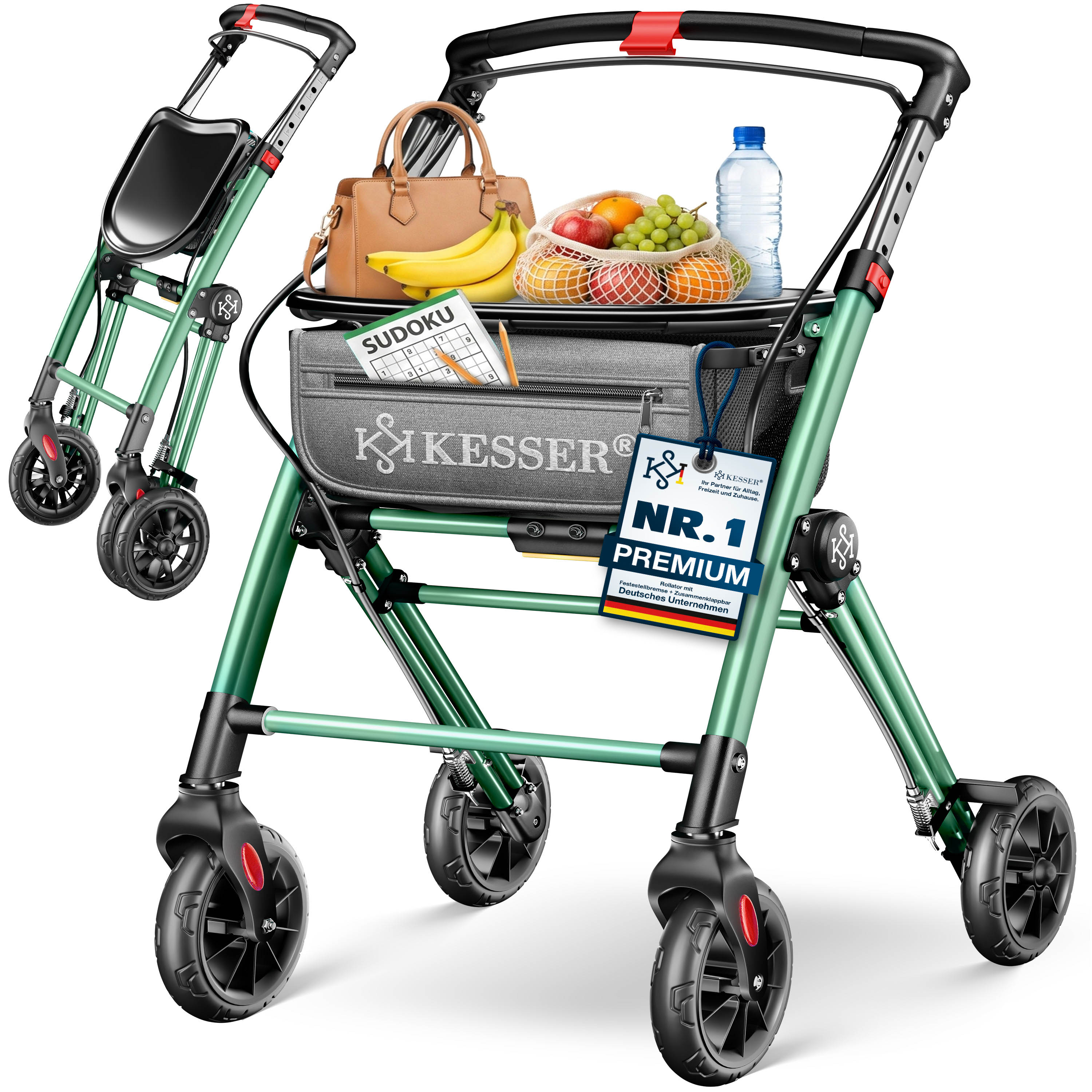 KESSER&reg; Rollator, leicht klappbar, schmal f&uuml;r Wohnung aus Aluminium, 100kg mit h&ouml;henverstellbaren Griffen, Einhand-Faltmechanismus, 360&deg; R&auml;dern, Feststellbremse, abnehmbarem Tablett & Netzkorb, Indoor 