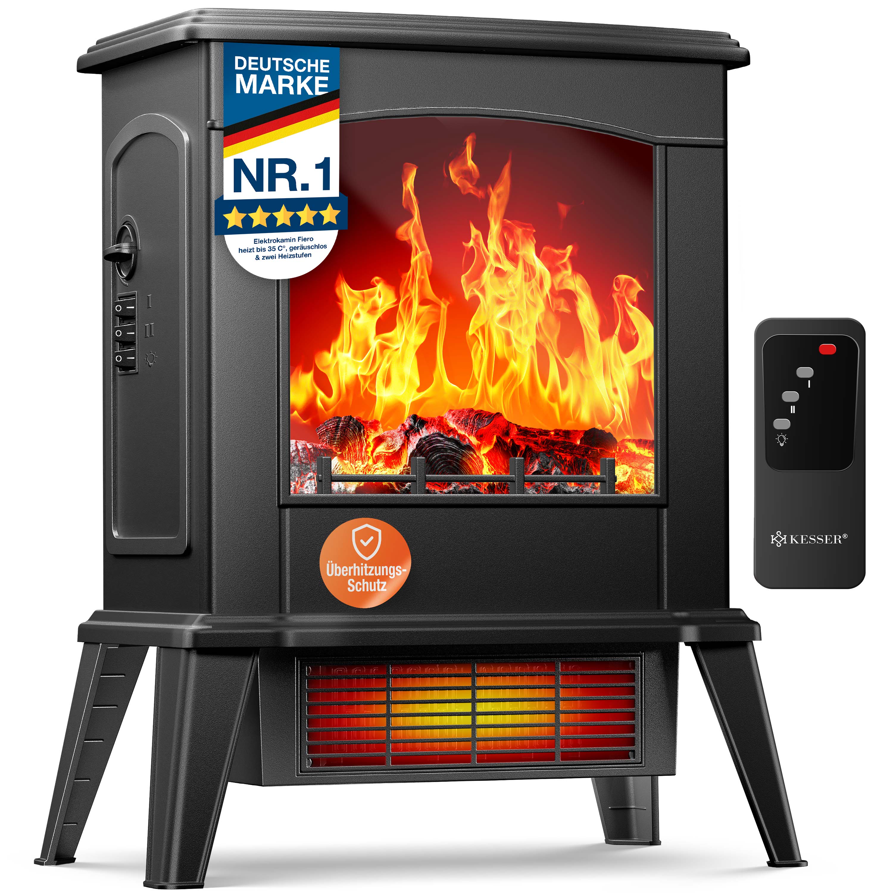 KESSER&reg; LED Kamin Fiero mit Heizung elektrisch | Kaminheizung Elektrokamin Standkamin mit realistischem Feuer -/ Flammeneffekt per Fernbedienung, Thermosicherung verschiedene Heizstufen 2000W 