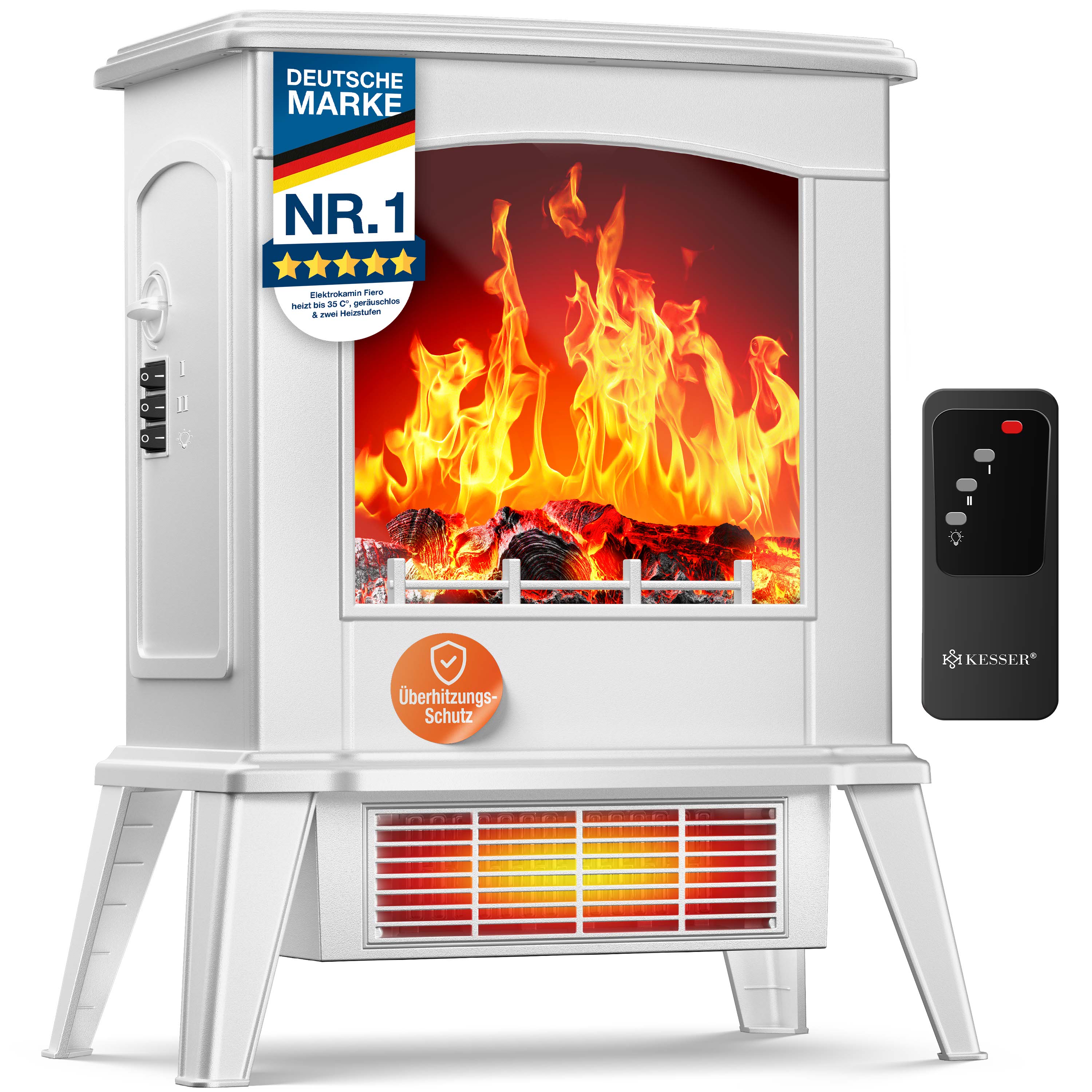 KESSER&reg; LED Kamin Fiero mit Heizung elektrisch | Kaminheizung Elektrokamin Standkamin mit realistischem Feuer -/ Flammeneffekt per Fernbedienung, Thermosicherung verschiedene Heizstufen 2000W 