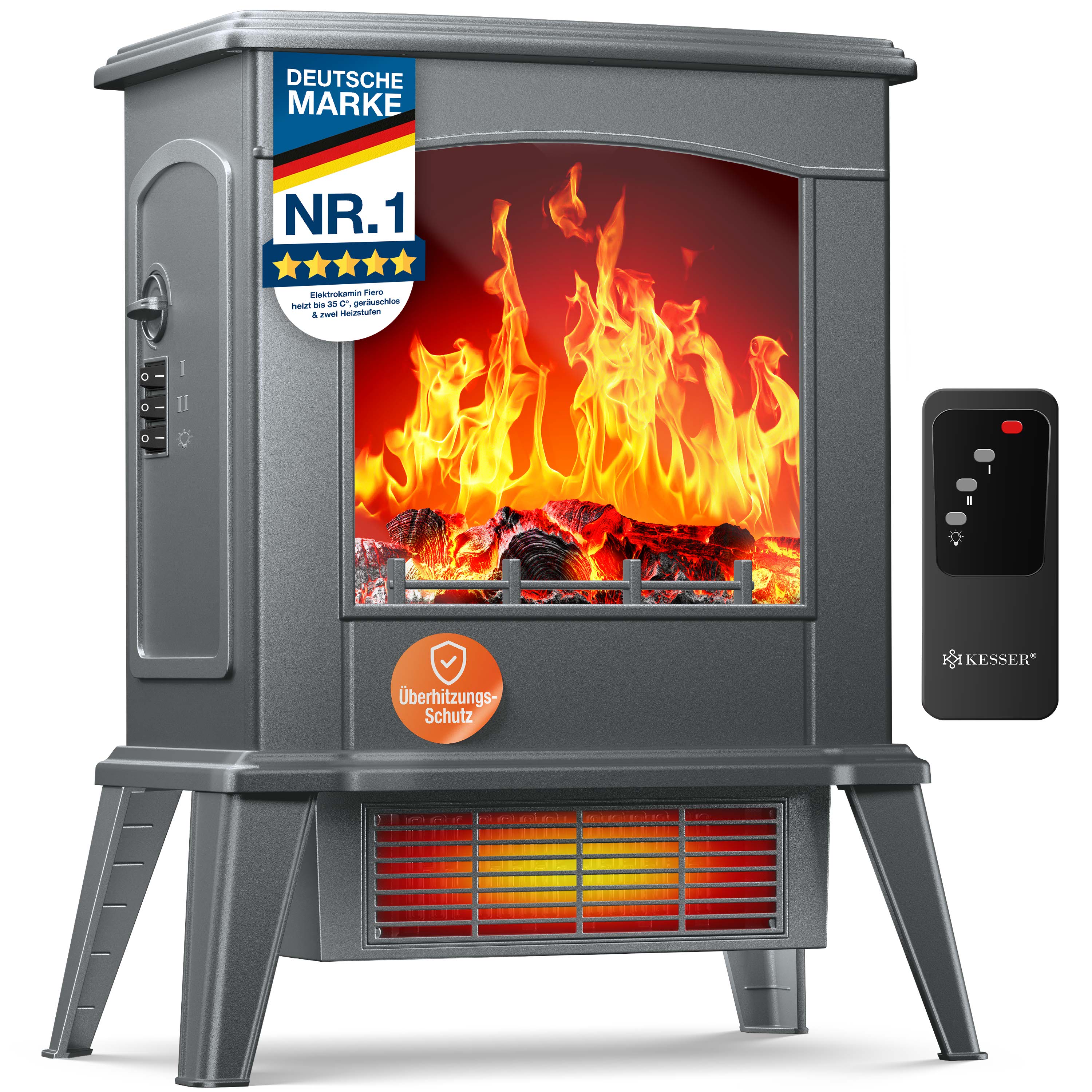 KESSER&reg; LED Kamin Fiero mit Heizung elektrisch | Kaminheizung Elektrokamin Standkamin mit realistischem Feuer -/ Flammeneffekt per Fernbedienung, Thermosicherung verschiedene Heizstufen 2000W 
