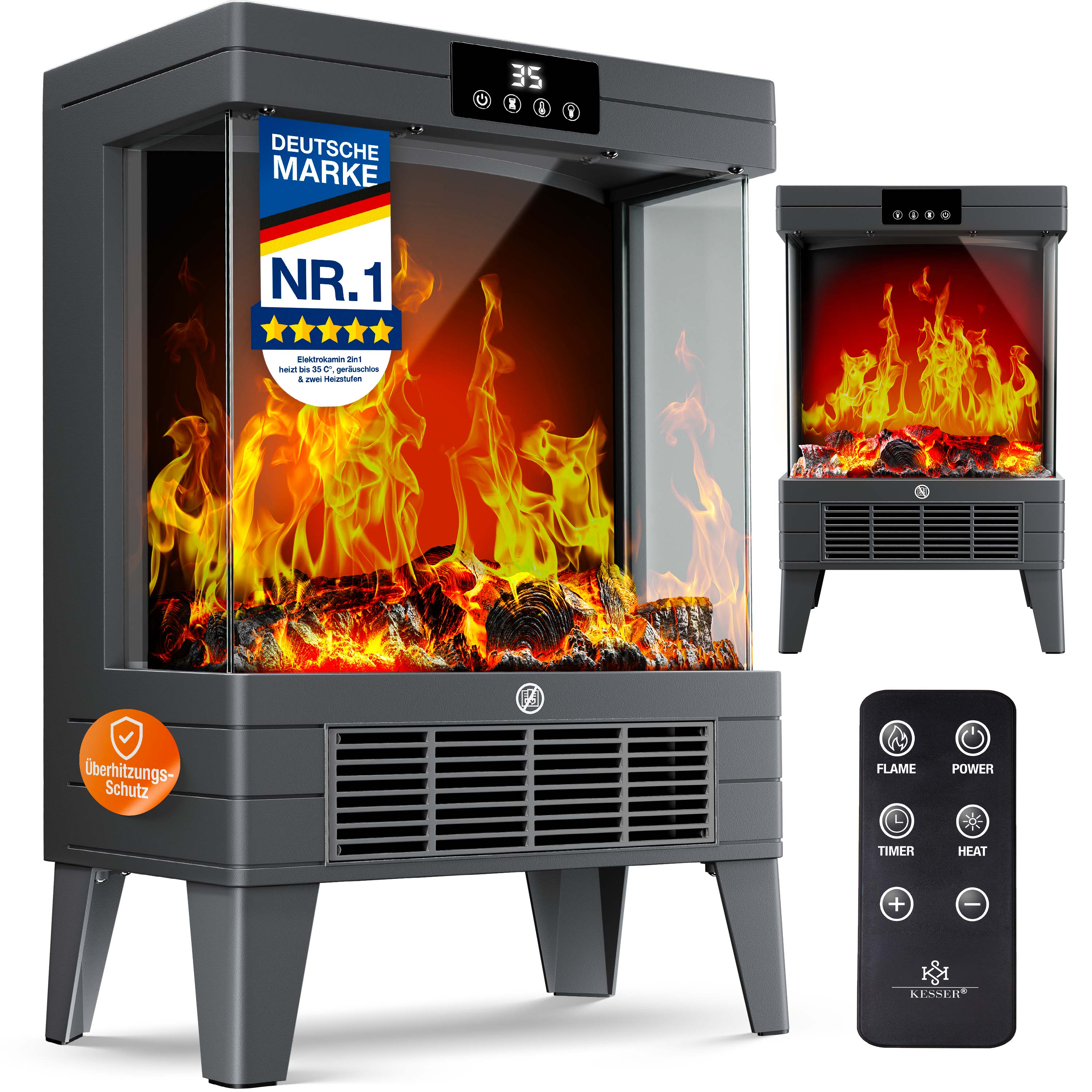 KESSER&reg; LED Kamin Arvo mit Heizung elektrisch | Kaminheizung Elektrokamin Standkamin mit realistischem Feuer -/ Flammeneffekt per Fernbedienung, Timer &Uuml;berhitzungsschutz Zwei Heizstufen, 1800W 