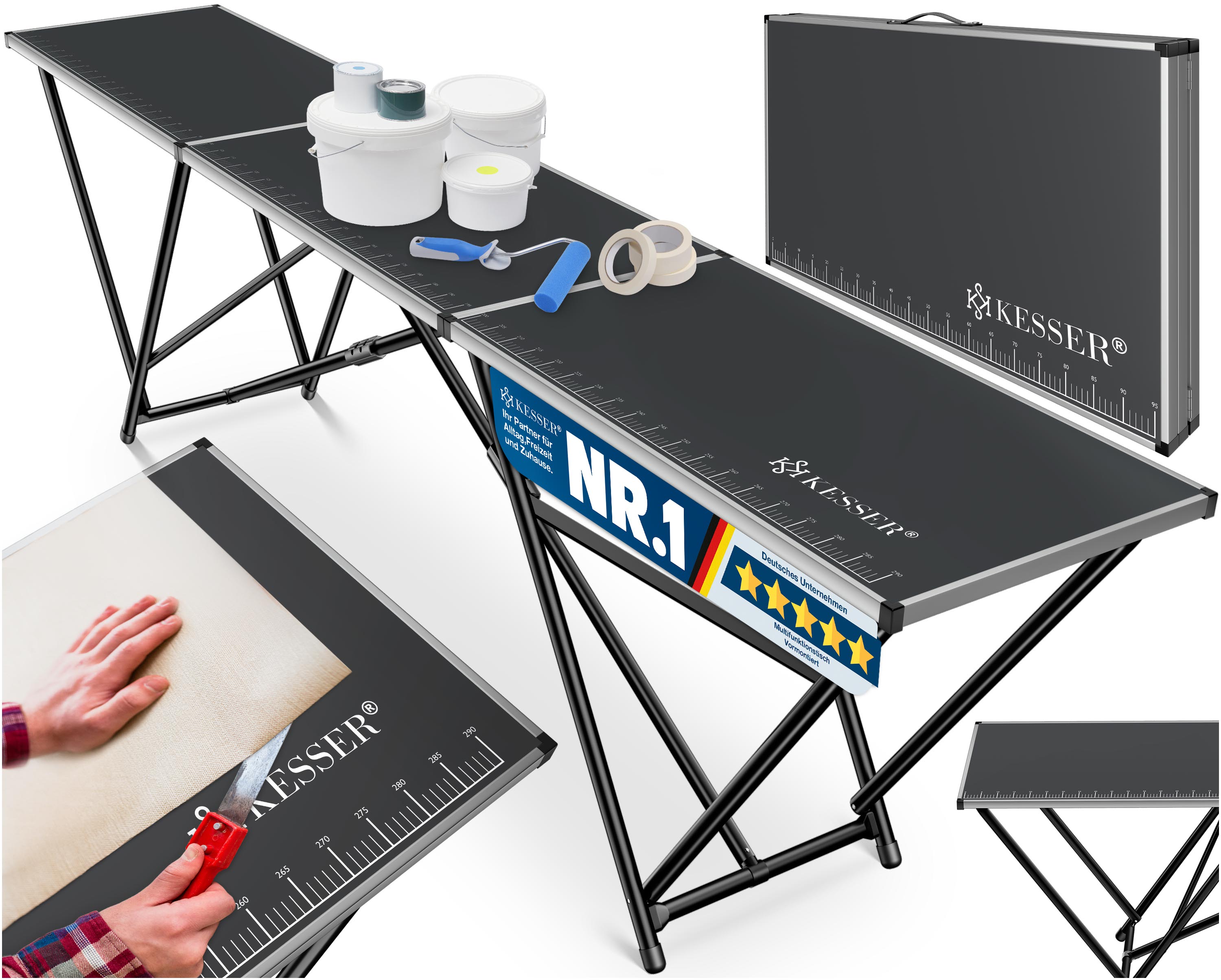 KESSER&reg; Multifunktionstisch Profi 3-teilig klappbar 300x60 cm Tapeziertisch faltbar, Klapptisch mit Messskala, werkzeuglos aufbaubar, als Flohmarkttisch, Buffettisch oder Campingtisch 