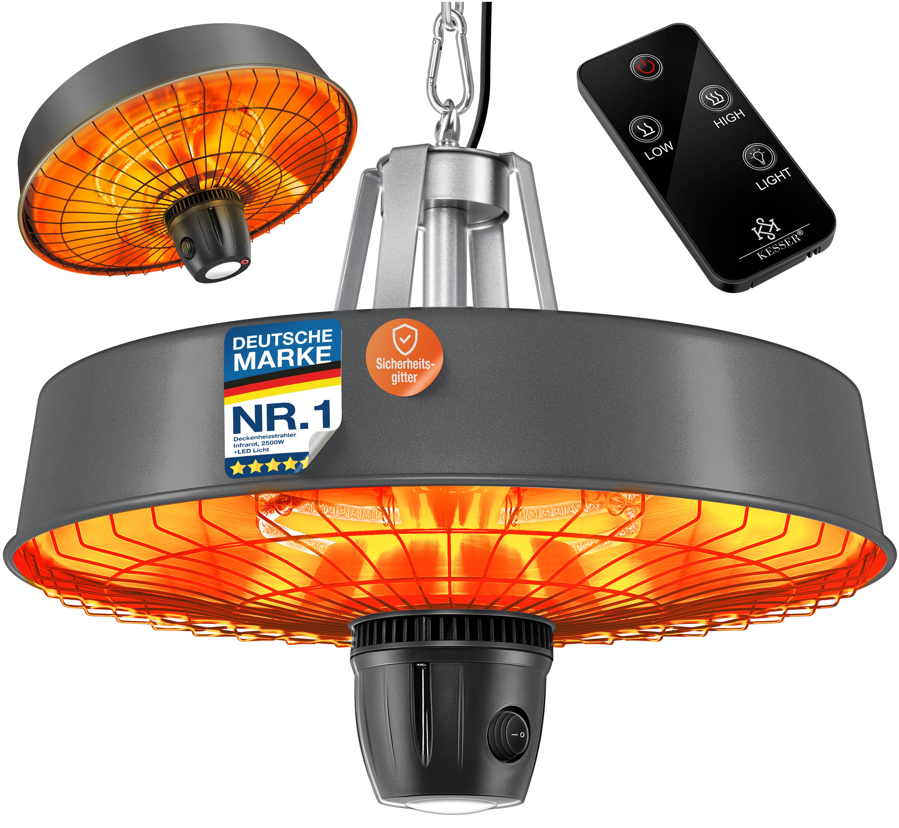 KESSER&reg; Deckenheizstrahler Heizpilz Infrarot-Heizstrahler 2500W Terrassenstrahler mit Fernbedienung Quarzstrahler | LED Licht | Decke | Infrarotstrahler | mit Kette + Karabinerhaken Carbon-Heizelement 
