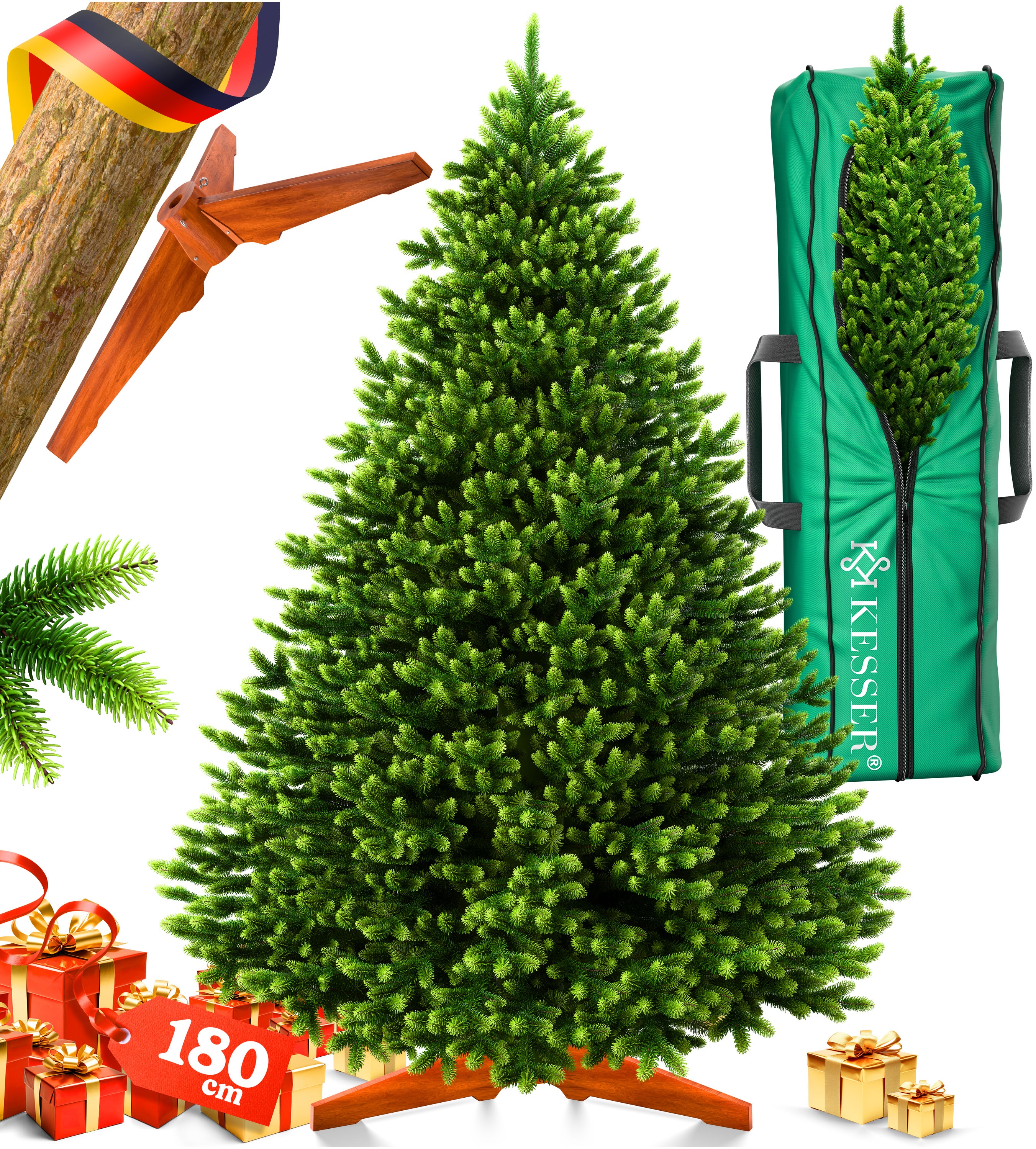 KESSER&reg; Weihnachtsbaum k&uuml;nstlich, unglaublich Realistisch, naturgetreuer Tannenbaum, dichte Zweige, kein Nadeln, realistischer Pine Tree, Christbaum, inkl. Holzst&auml;nder + Tasche Dunkelgr&uuml;n 