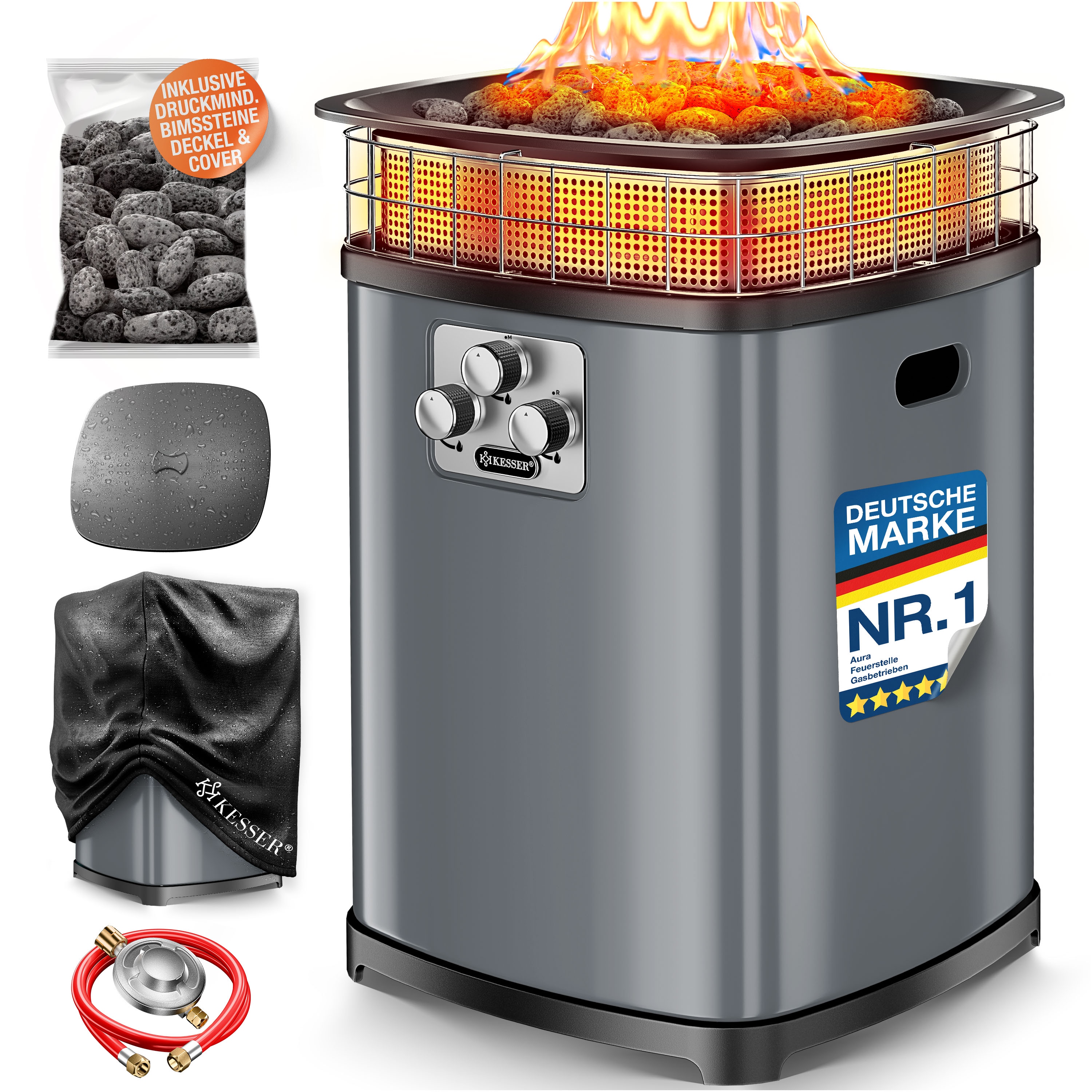 KESSER&reg; Gas-Feuerstelle Aura, 18 kW Heizer, Outdoor, 360&deg; W&auml;rmeverteilung, Terrassenfeuer f&uuml;r Garten, Terrasse & Balkon, bis 120 m&sup2;, Bimssteine, Schutzcover, Deckel, 6 Std. Brenndauer, IP54 