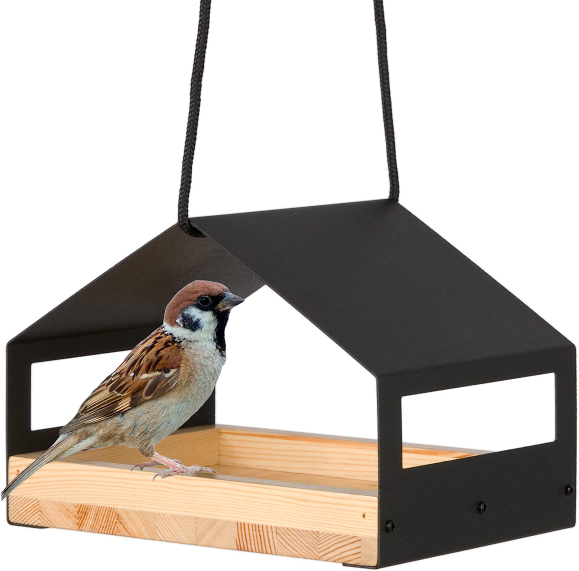 WONDERMAKE&reg; Design Vogelhaus aus Metall und Holz wetterfest zum Aufh&auml;ngen, modernes Vogelfutterhaus klein Metalldach h&auml;ngend, Vogelh&auml;uschen Futterhaus f&uuml;r V&ouml;gel, schwarz 