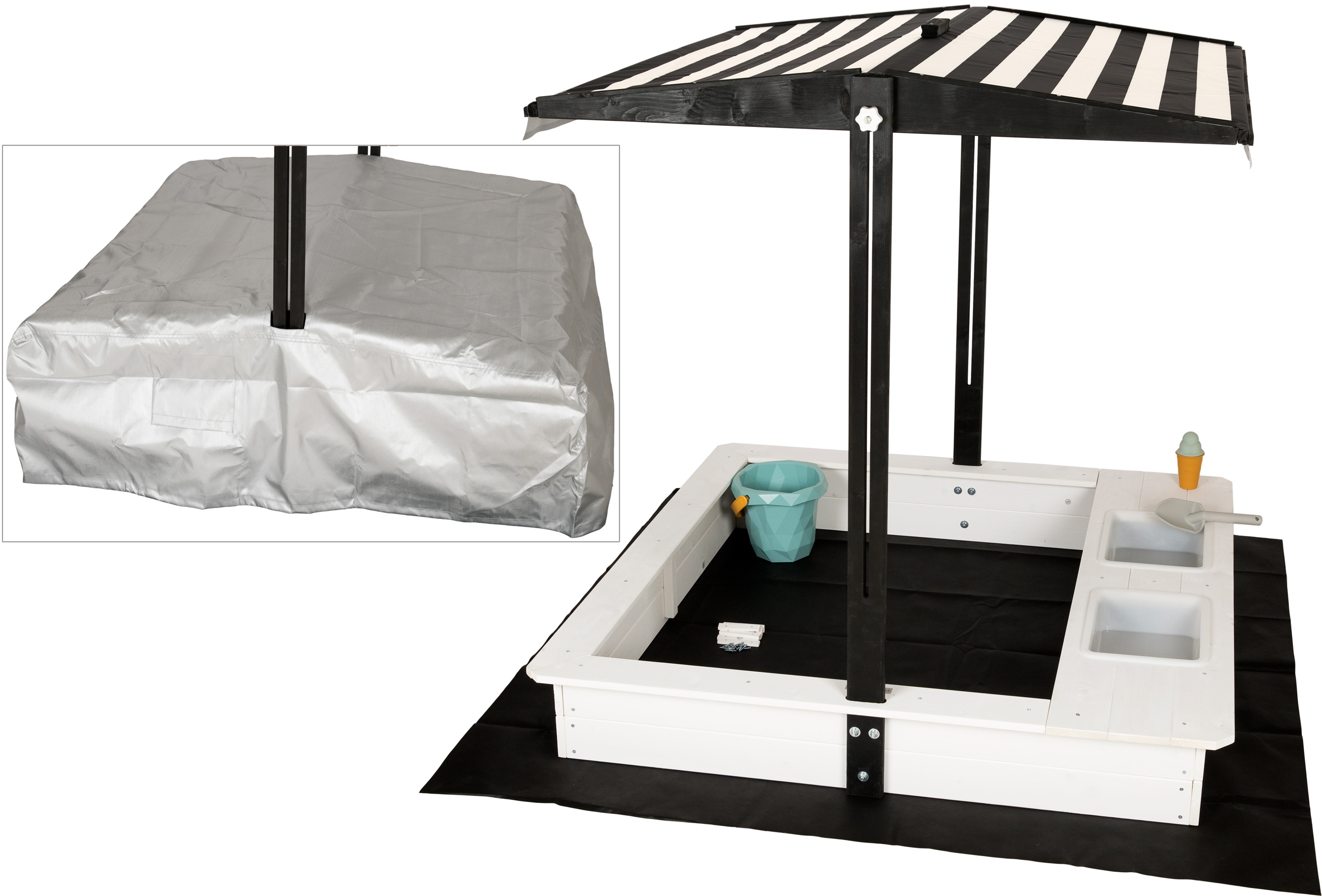 WONDERMAKE&reg; Design Sandkasten mit Matschk&uuml;che, Dach, Abdeckung OXFORD 420D, Vliesfolie, Sandkiste Holz quadratisch verschlie&szlig;bar Outdoor Garten f&uuml;r Kinder, schwarz wei&szlig; 