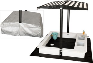 WONDERMAKE® Design Sandkasten mit Matschküche, Dach, Abdeckung OXFORD 420D, Vliesfolie, Sandkiste Holz quadratisch verschließbar Outdoor Garten für Kinder, schwarz weiß 