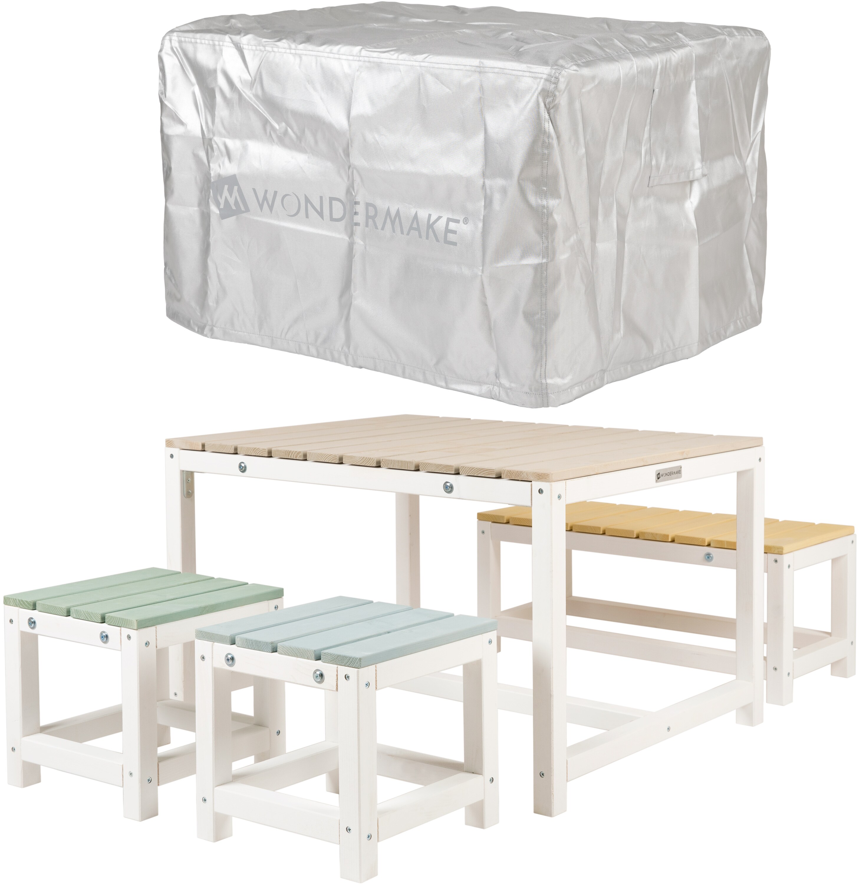 WONDERMAKE&reg; Design Kindersitzgruppe Outdoor Garten Holz mit Abdeckung, Kinder-Sitzgarnitur Indoor Picknick-Gruppe ab 3 Jahre, wei&szlig; bunt 
