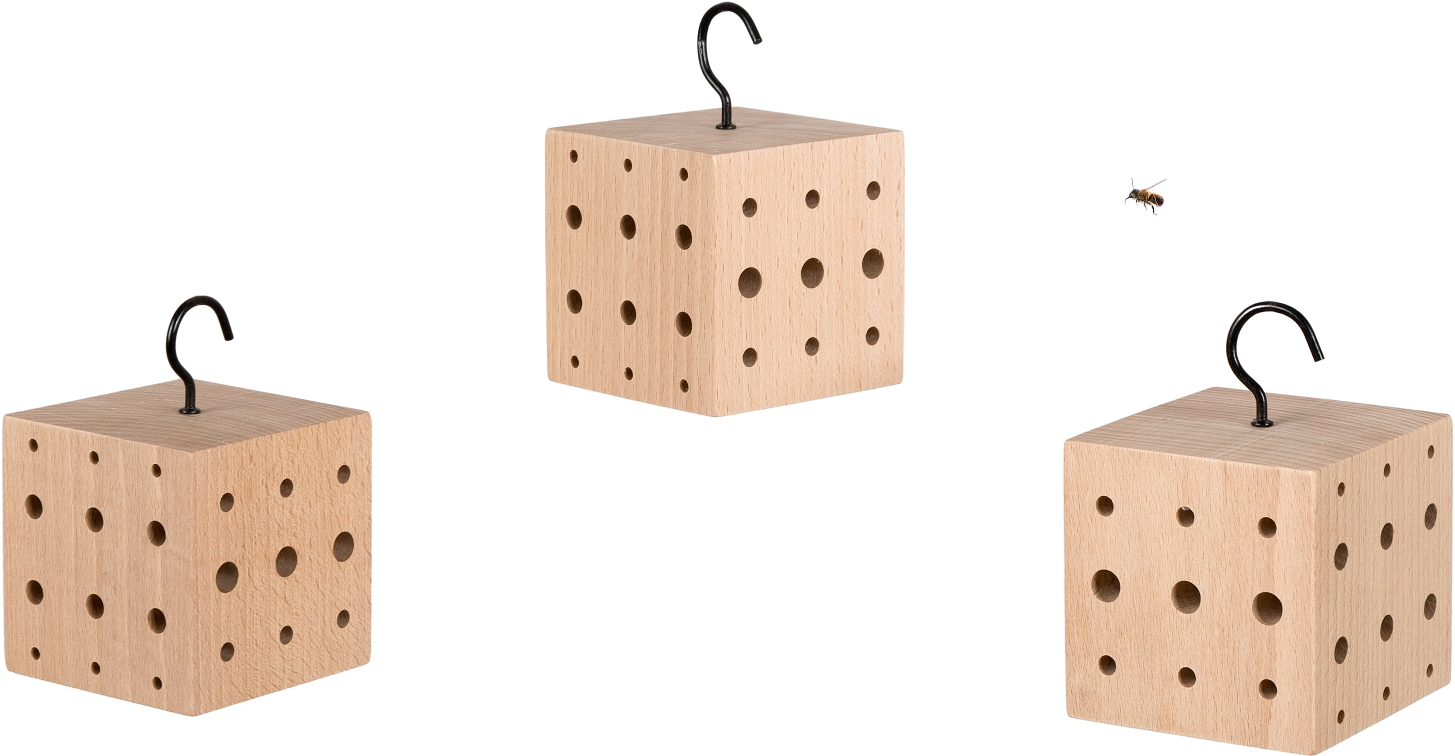 WONDERMAKE&reg; 3er Set: Design Insektenhotel klein, Kubus aus Buche-Holz mit 3x 42 Nistpl&auml;tzen, Bienenhotel h&auml;ngend Nisthilfe f&uuml;r Wildbienen, braun schwarz 