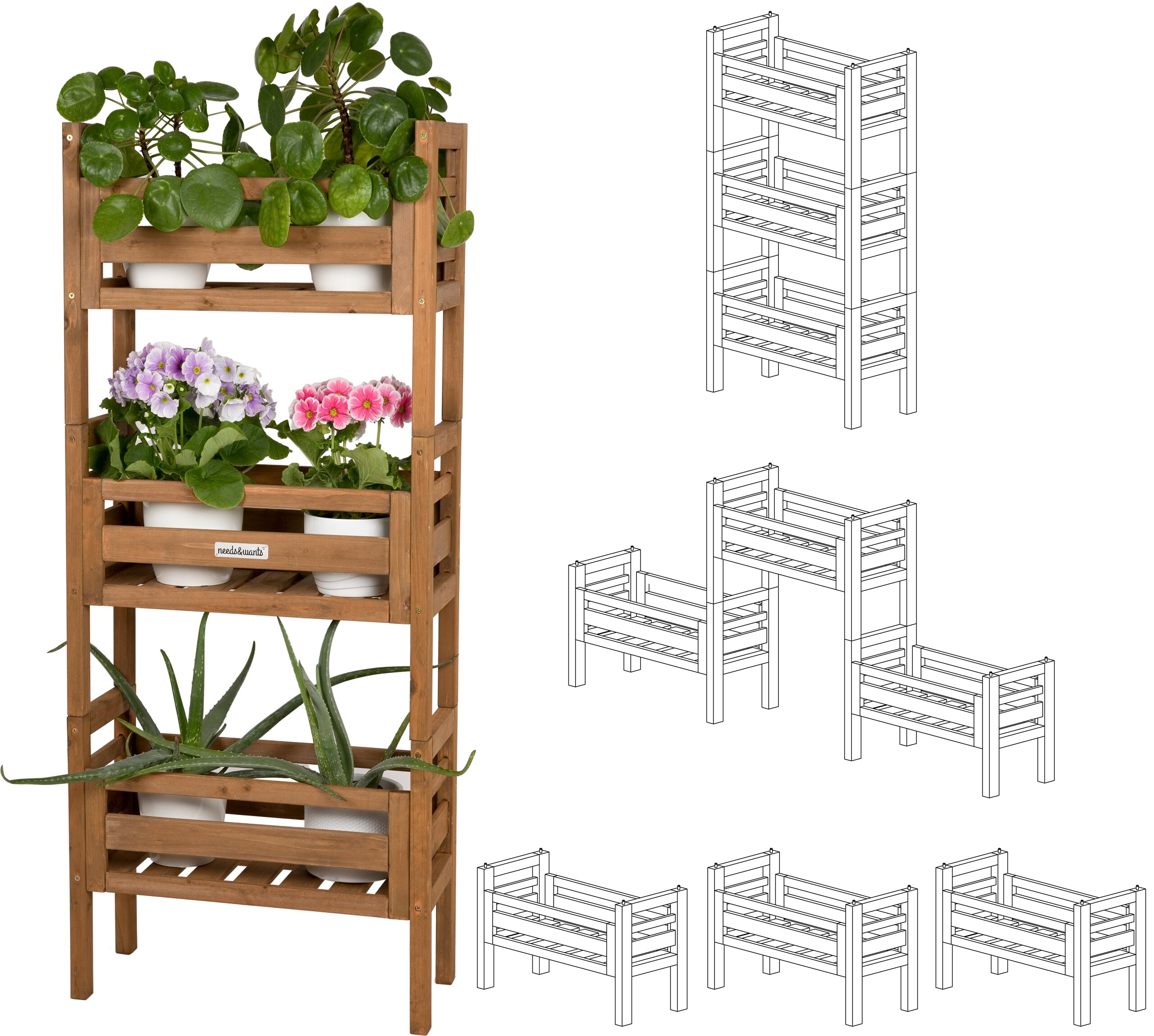 needs&wants&reg; 3-fach multifunktional: Pflanzenst&auml;nder Blumenst&auml;nder aus Holz wetterfest f&uuml;r Indoor Outdoor Balkon Garten drau&szlig;en innen Wand, Pflanzenregal Blumentreppe, z.B. 51 x 23 x 122 cm hoch, braun 