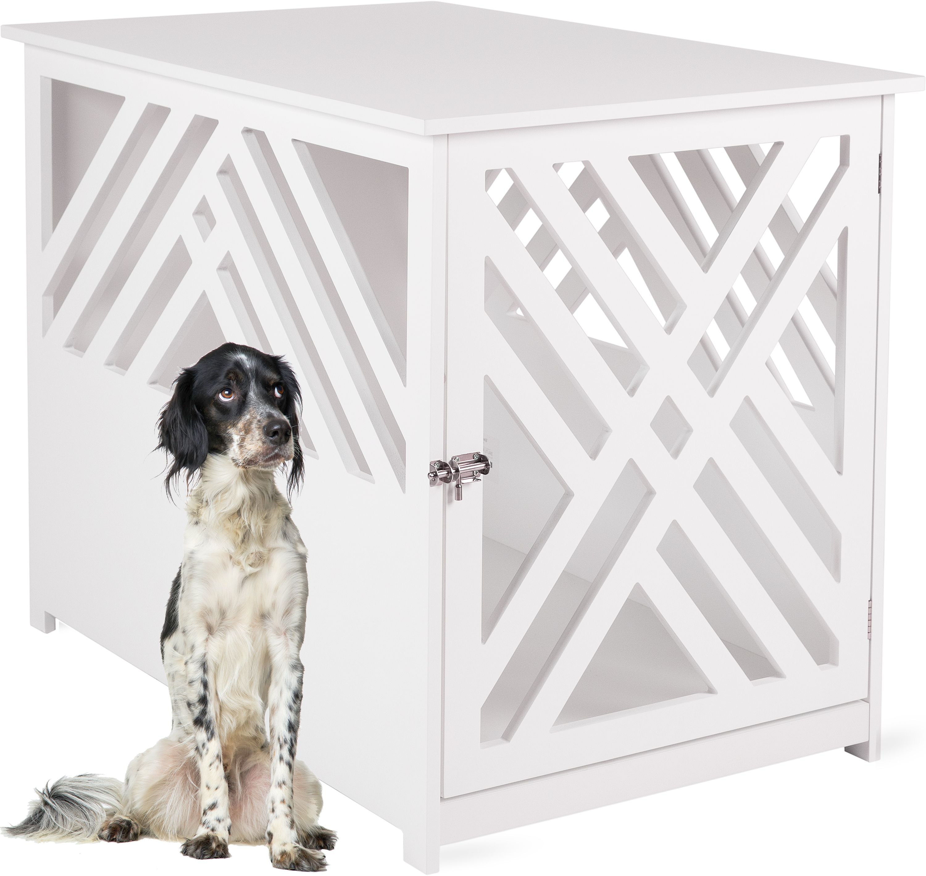 WONDERMAKE&reg; Design Hundek&auml;fig aus Holz f&uuml;r Zuhause Wohnung mit Beistelltisch, Hundebox f&uuml;rs Wohnzimmer Indoor, 90x60 cm wei&szlig; 