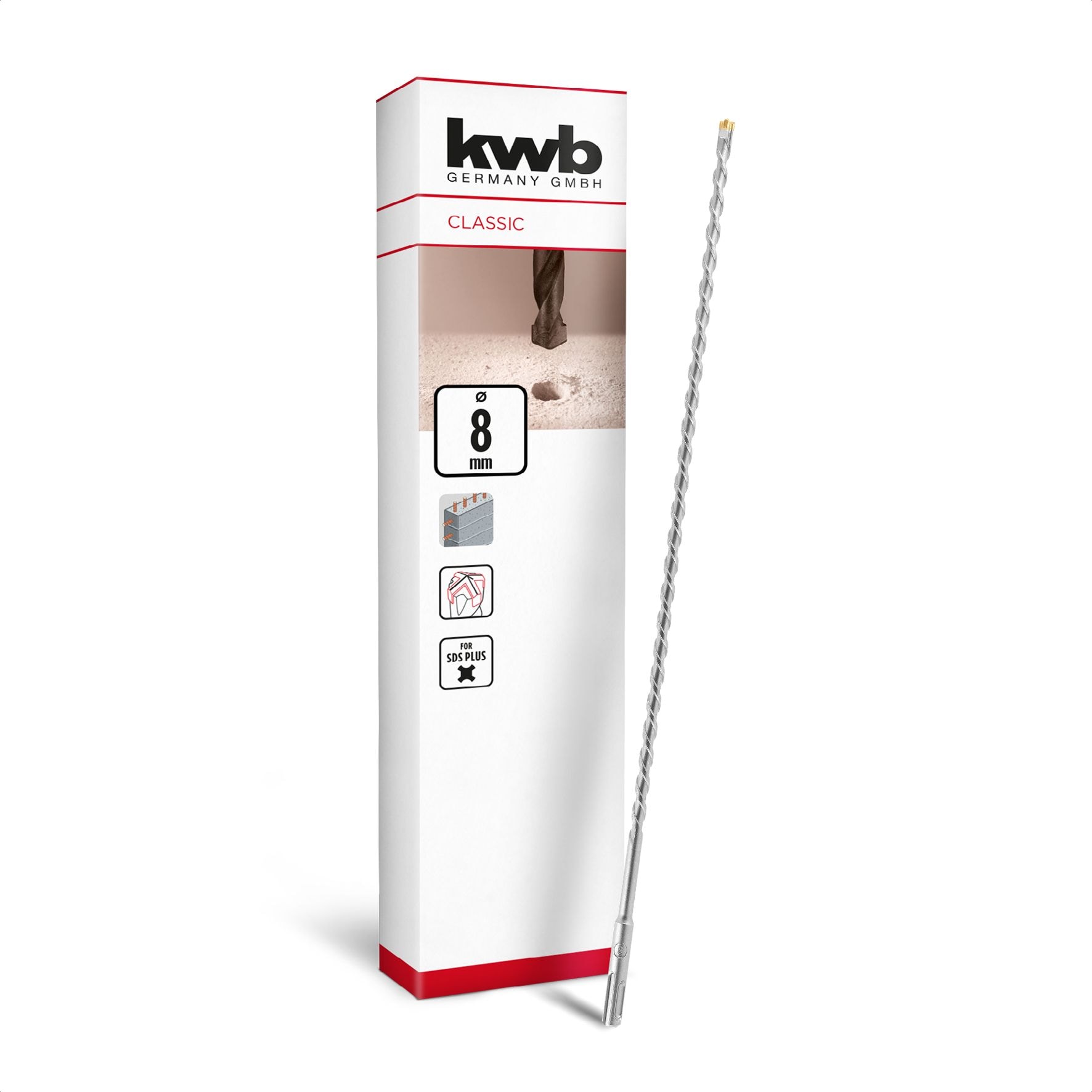 kwb SDS Plus Bohrer, SDS Plus Hammerbohrer (&Oslash; 8 mm x 460/400 mm, mit extrem schneller Hartmetall 4X-Schneide, f&uuml;r armierten Beton, Stein & Mauerwerk) 
